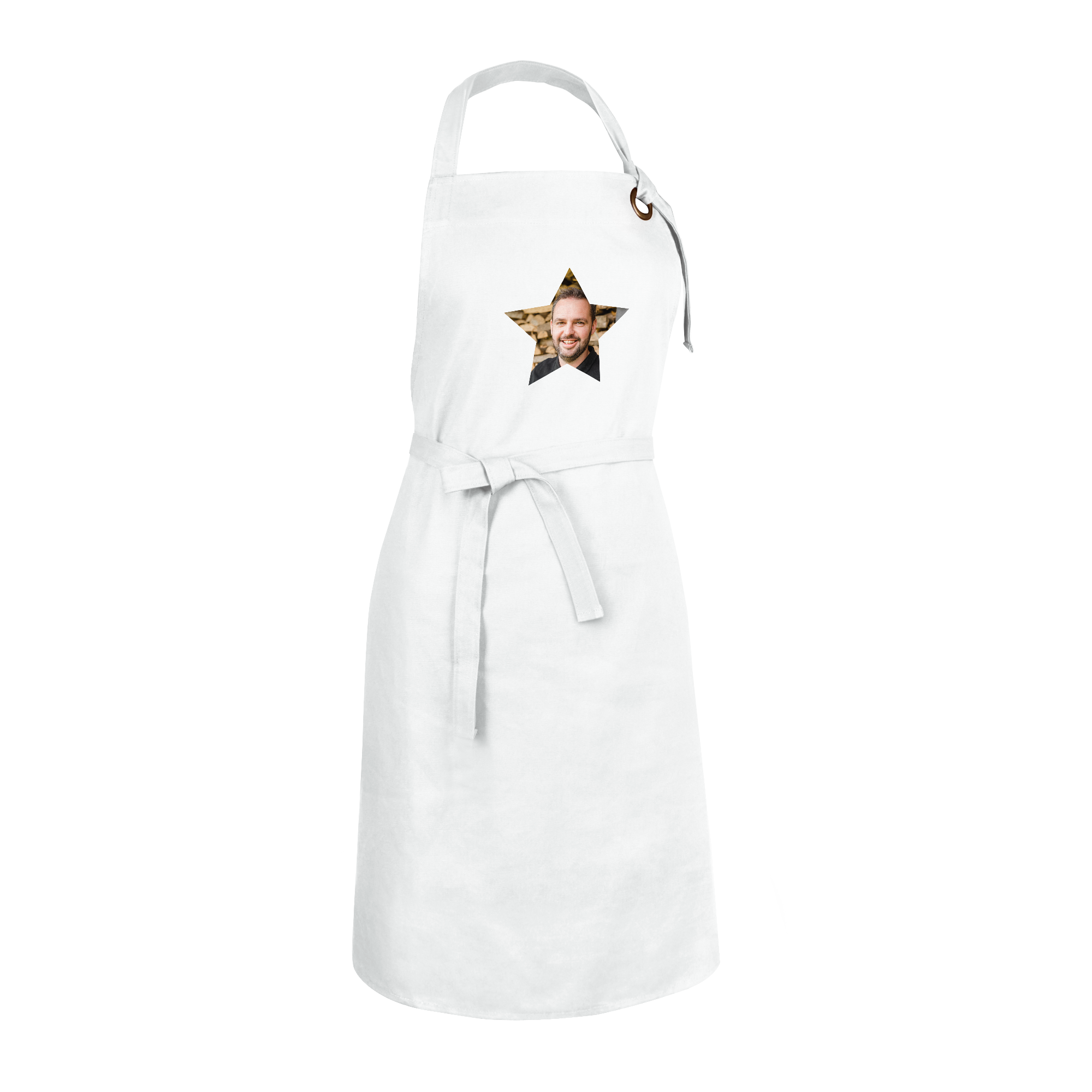 White kitchen apron printed with a photo of a smiling man inside a star frame. Design your own unique kitchen apron.