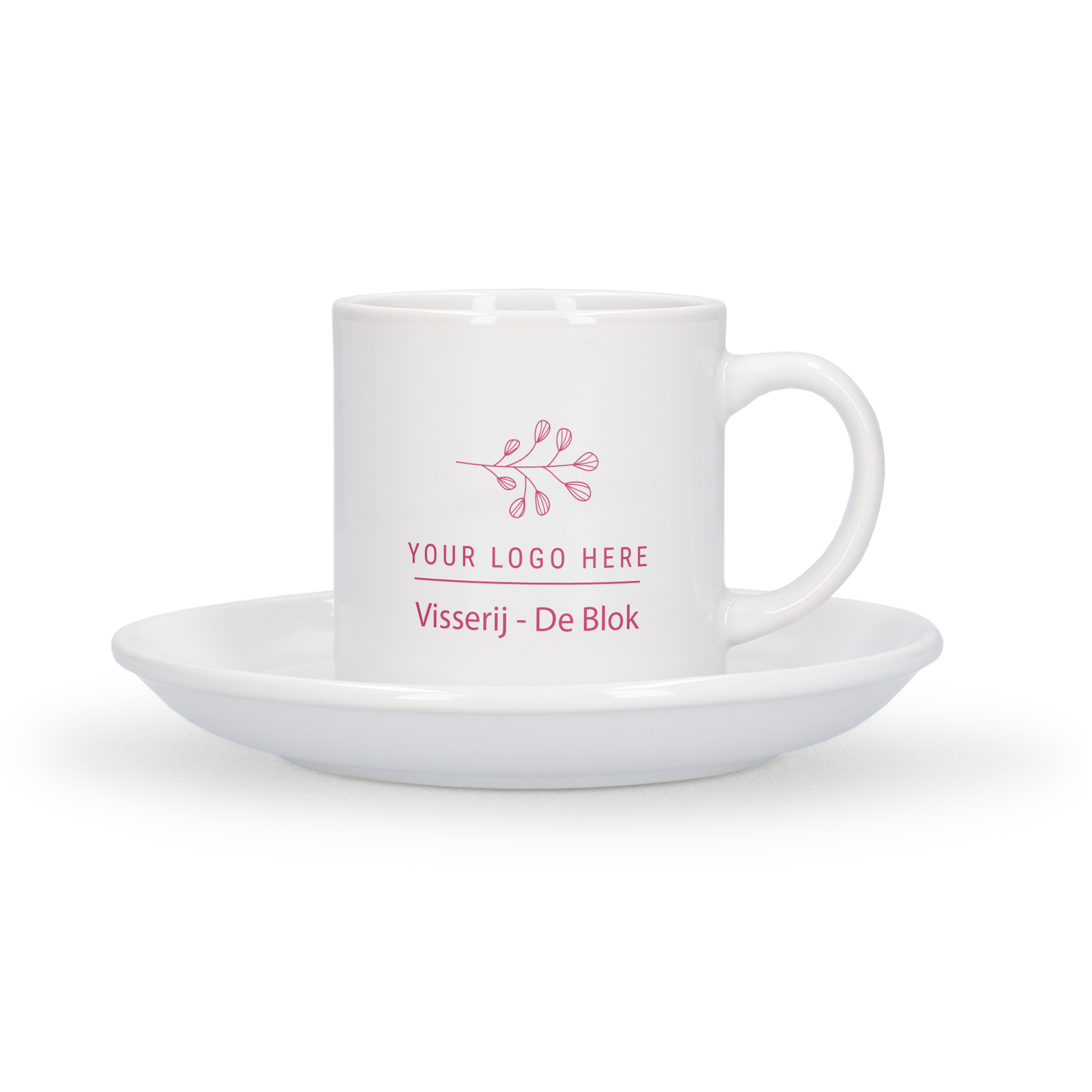 Wit bedrukt cappuccino kopje met roze logo en tekst Visserij - De Blok, gepersonaliseerd met eigen ontwerp