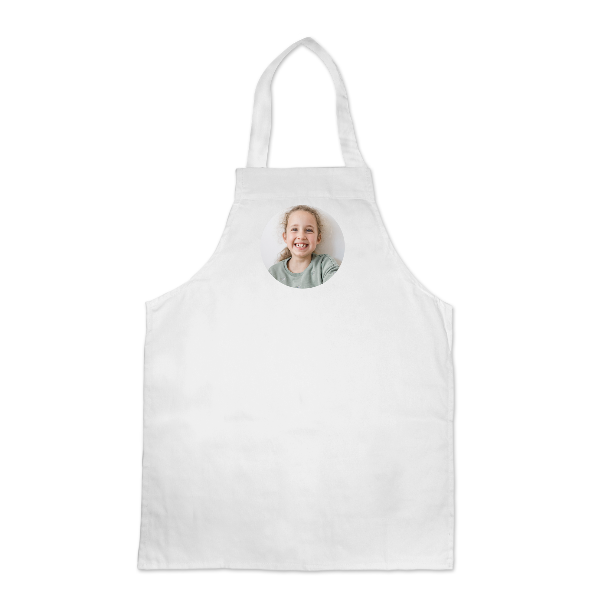 Tablier blanc pour enfant imprimé avec une photo de petite fille souriante. Offrez un tablier à personnaliser.