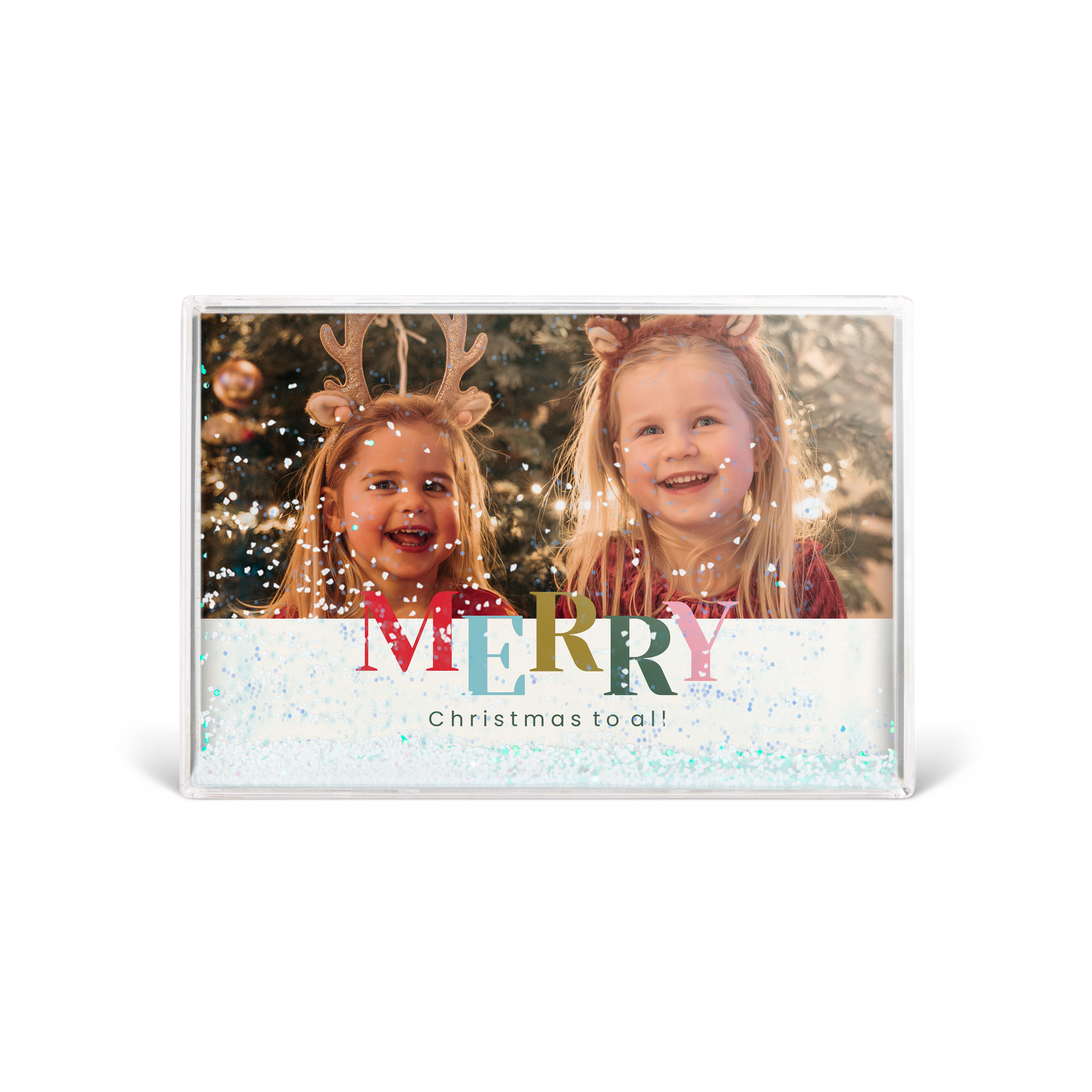 Bloco de neve de foto pessoal com duas crianças, escrito "MERRY Christmas to all!" em cores vibrantes.