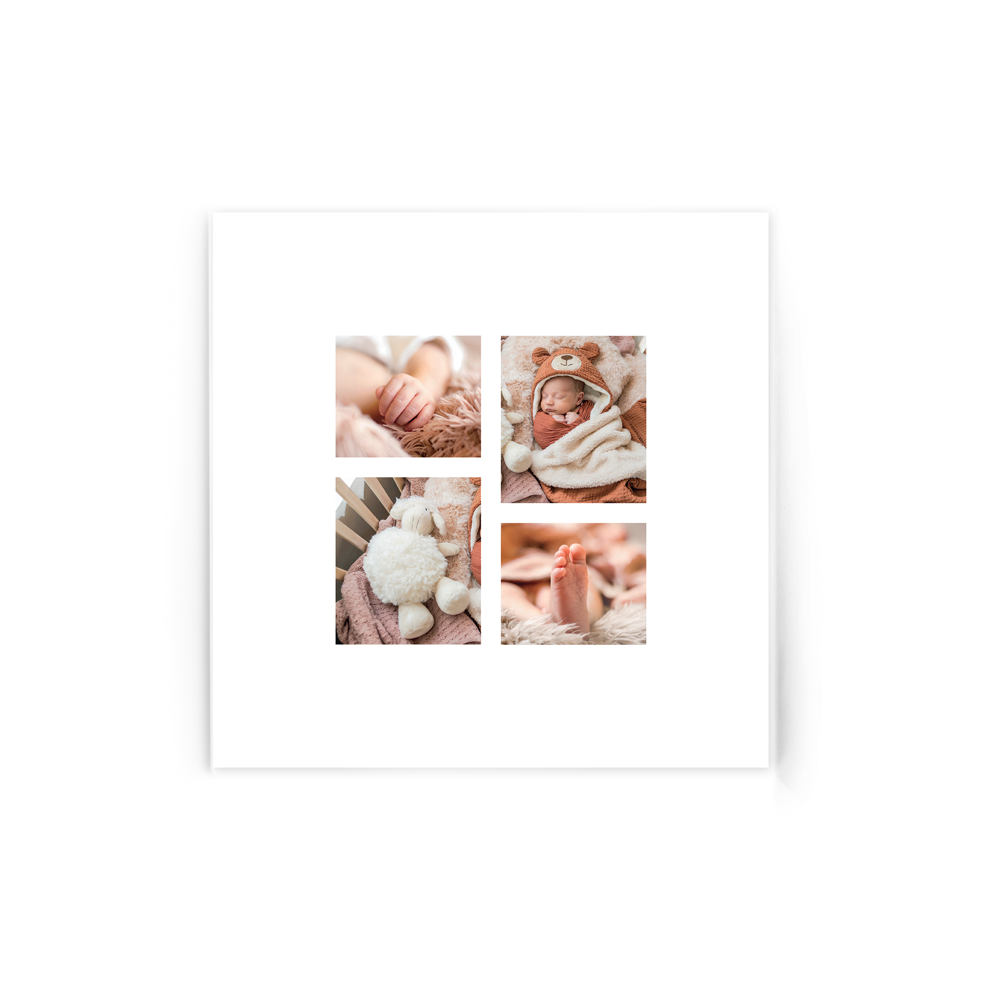 A personalized photo on acrylic showing a collage of baby photos including tiny hands, a sleeping baby, a stuffed lamb, and baby feet