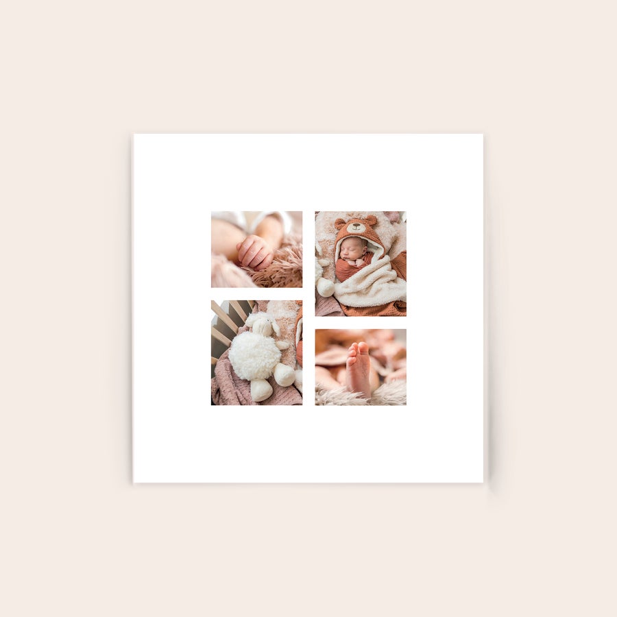 Photo on Acrylic A personalized photo on acrylic showing a collage of baby photos including tiny hands, a sleeping baby, a stuffed lamb, and baby feet