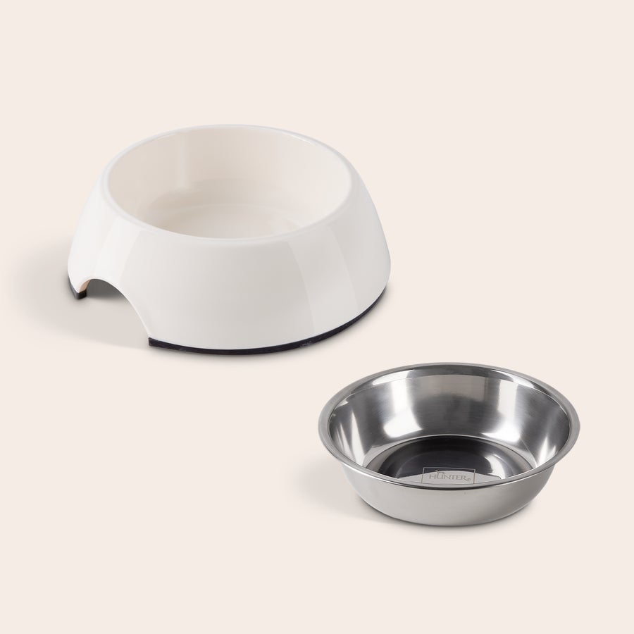 Comedero - Gato Cuenco de comida para gatos personalizable, melamina blanca con interior de acero inoxidable y base antideslizante.