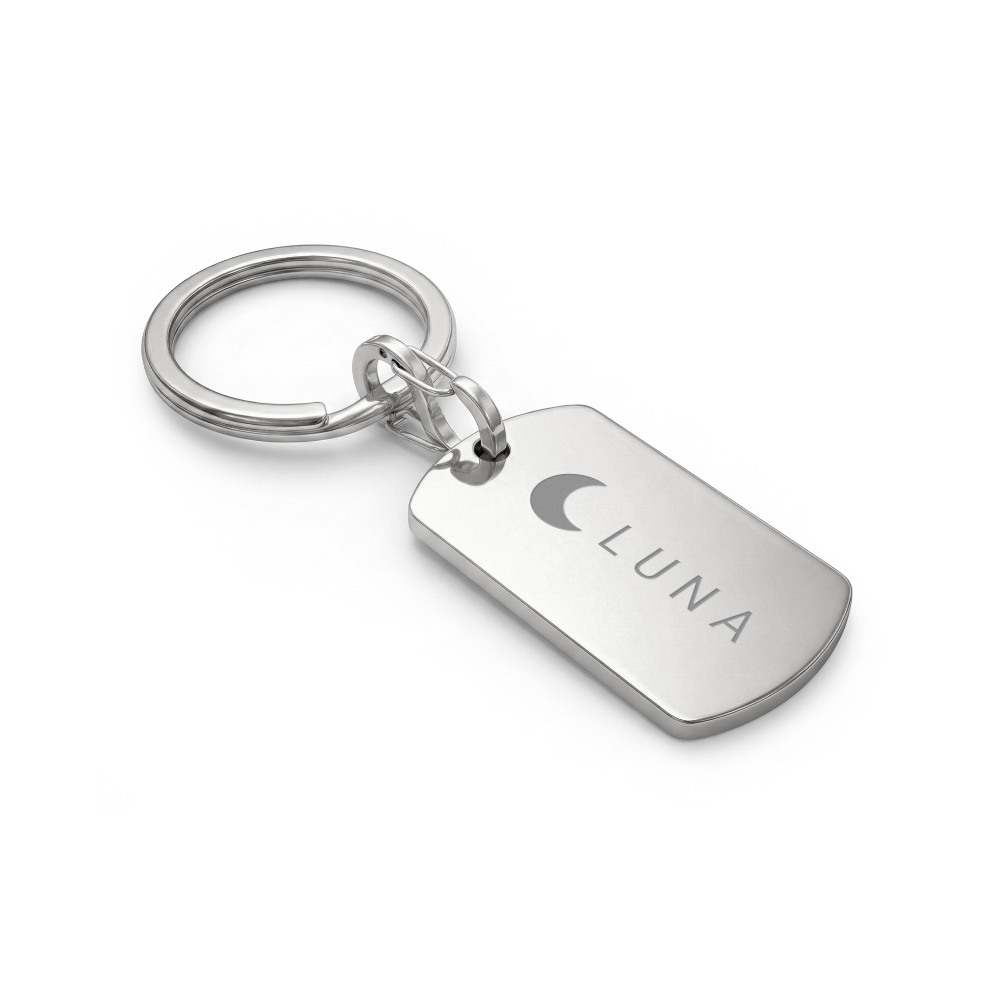 Graverad nyckelring - Hundbricka - Silver, med texten "LUNA" och en halvmåne lasergraverad för personlig anpassning.