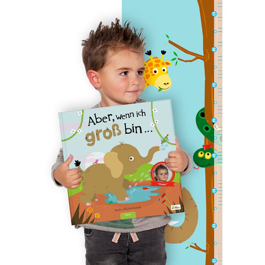 Ein super großes fröhliches Kinderbuch mit Namen und cooles Maßbandposter, gedruckt mit dem Titel "Aber, wenn ich groß bin...", einem Elefanten und einem Foto auf dem Cover, gehalten von einem Kind vor einem Maßbandposter.