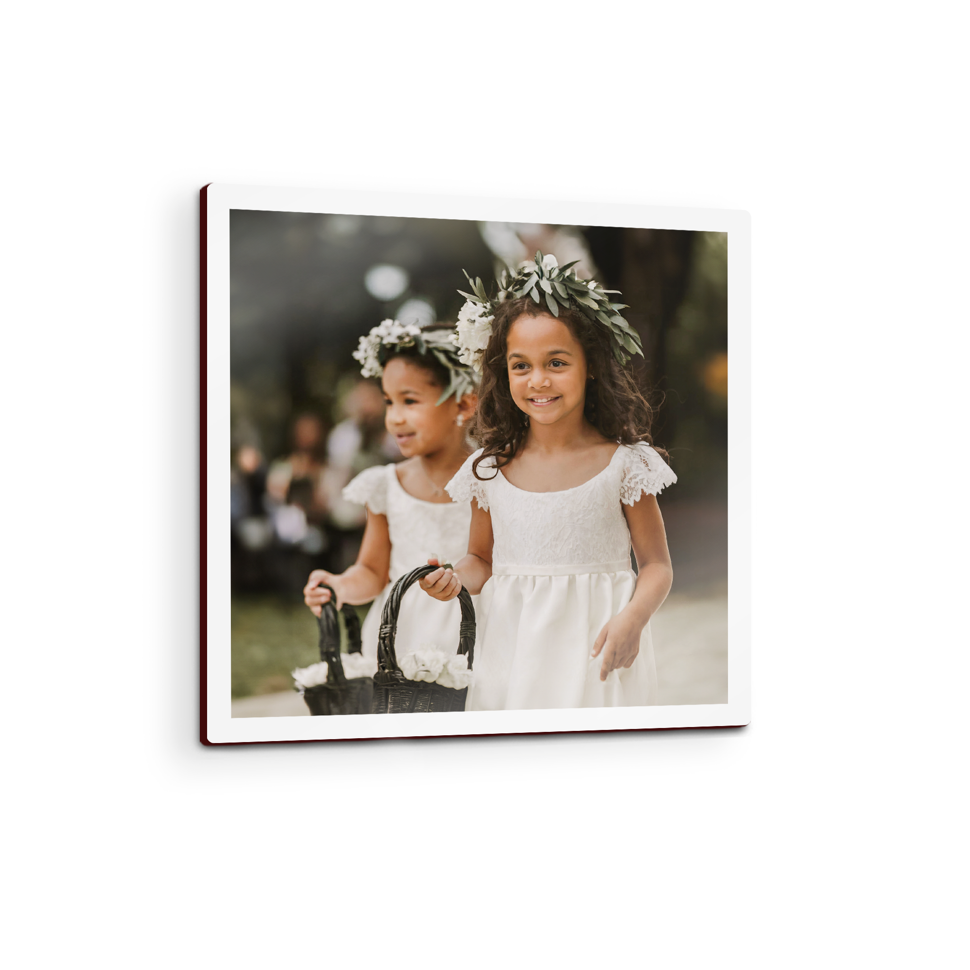 Square wooden wall art panel featuring two flower girls with baskets, printed with your photo to decorate your wall