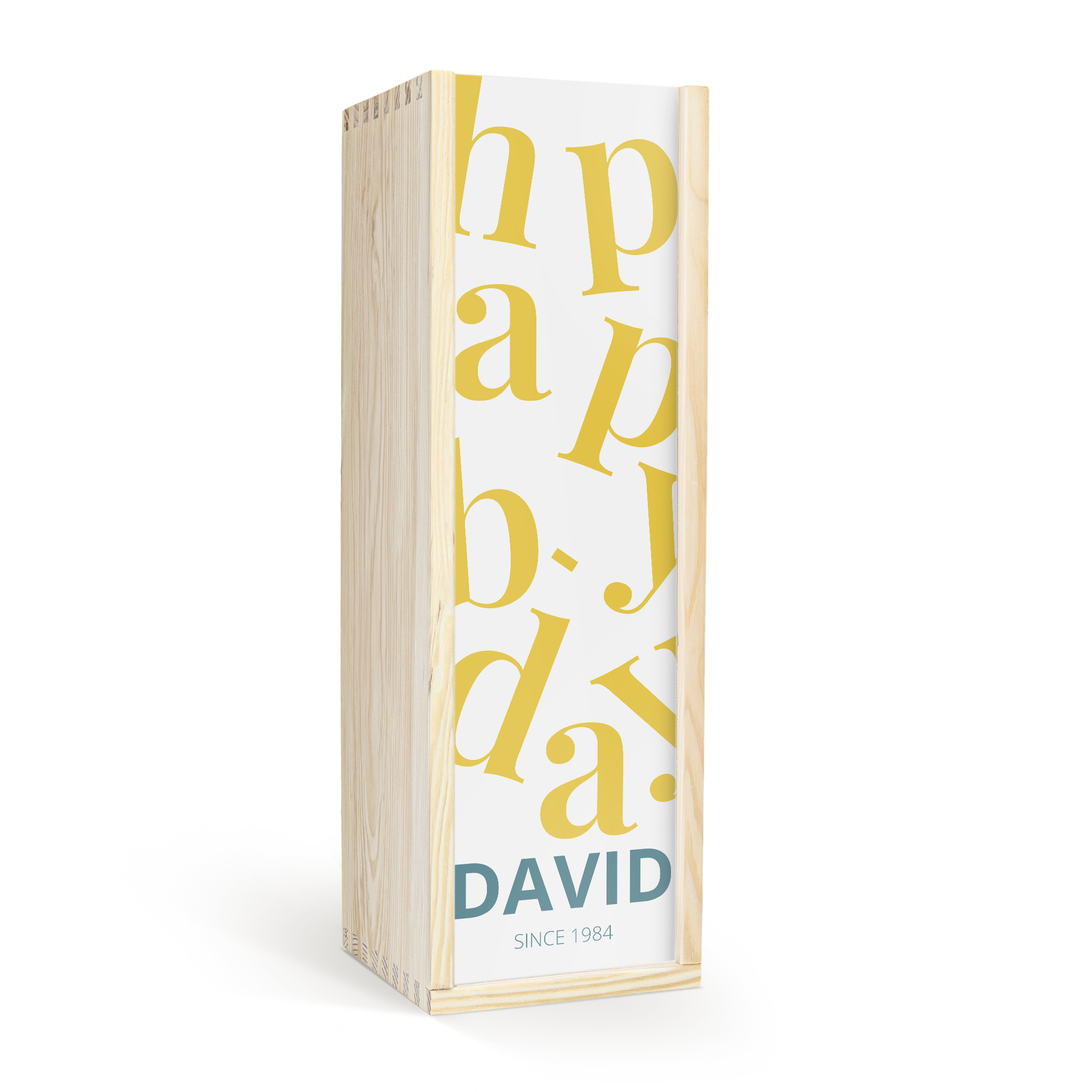 Cassetta in legno chiaro con coperchio bianco stampato con scritta "Happy B-day David Since 1984" per una cassetta in legno personalizzata
