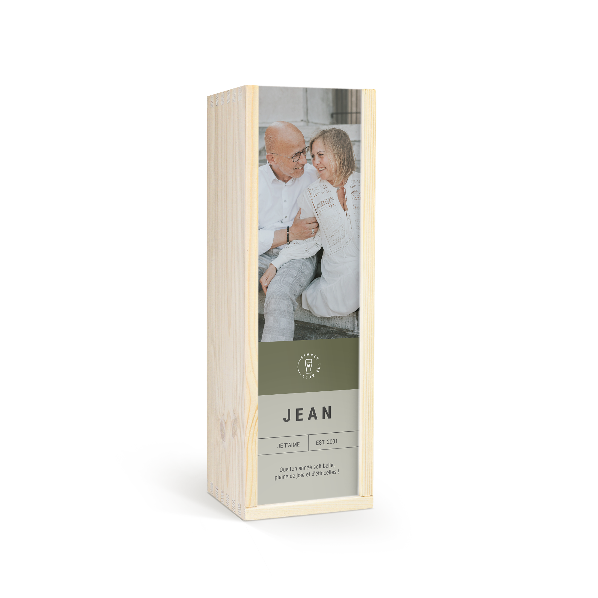 Coffret de bière La Trappe Isid'or personnalisé avec photo d'un couple et le texte JEAN JE T'AIME EST 2001