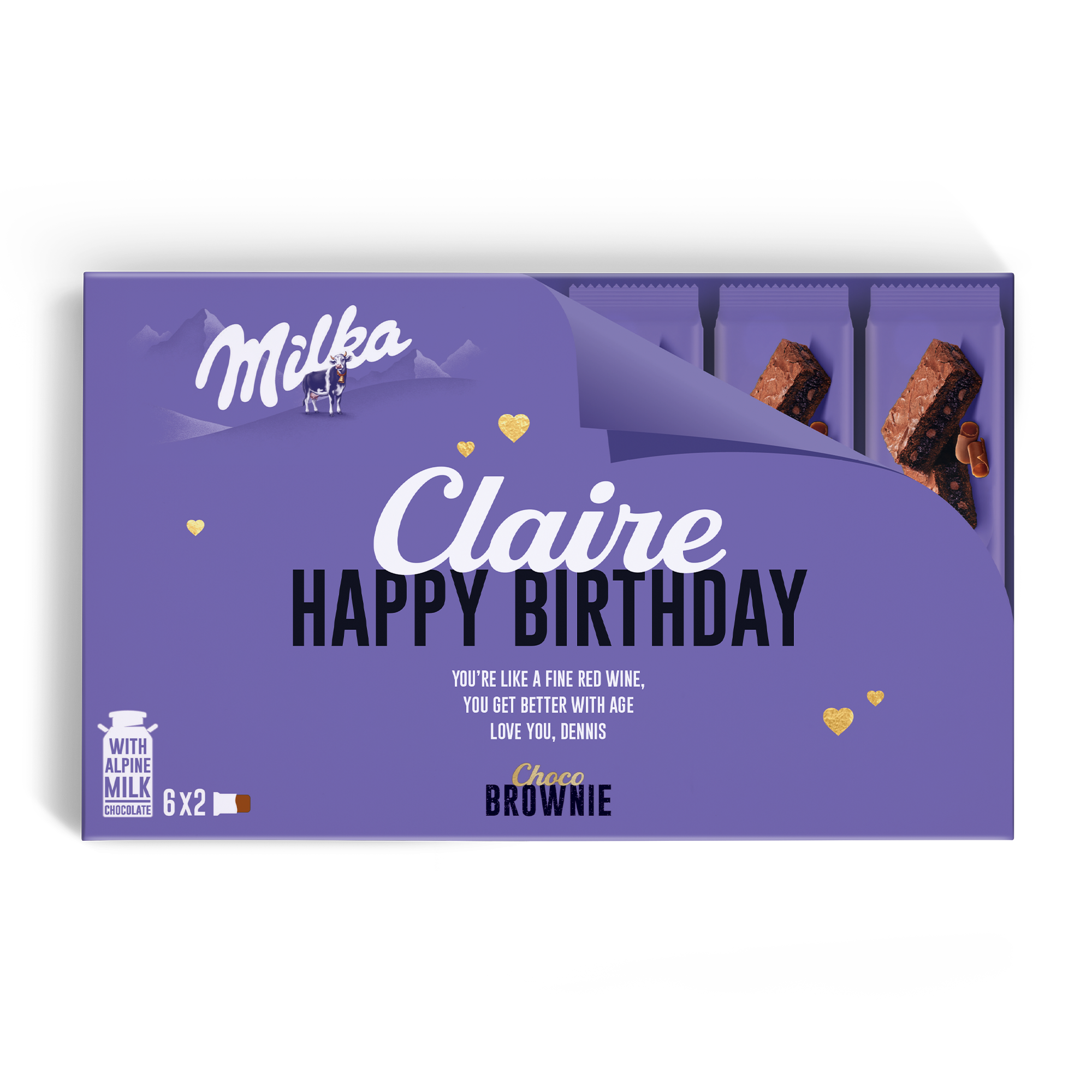 Spersonalizowane pudełko upominkowe Milka Choco Brownie z nadrukowanym imieniem Claire i życzeniami urodzinowymi