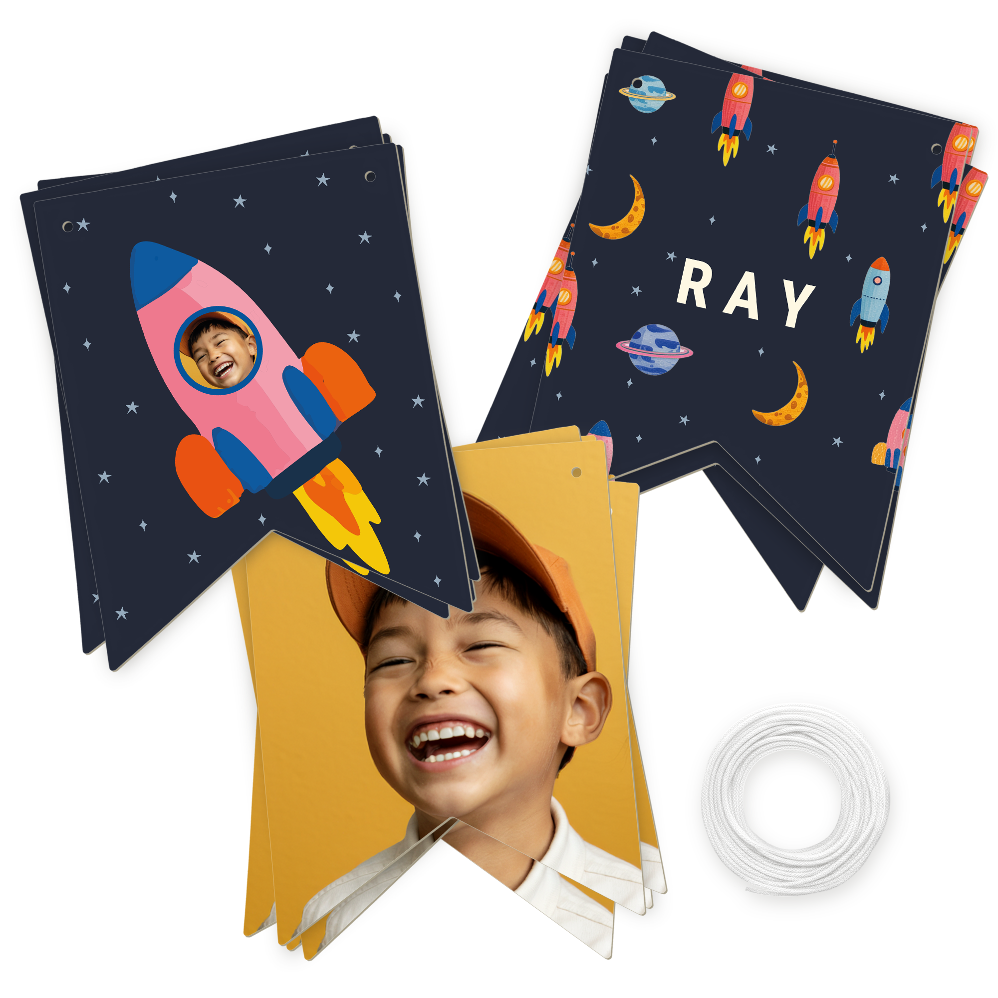 Ruimteslinger met foto van een lachend kind in een raket en de naam Ray, perfect om slingers bedrukken - Vlag - L - 10m te personaliseren.