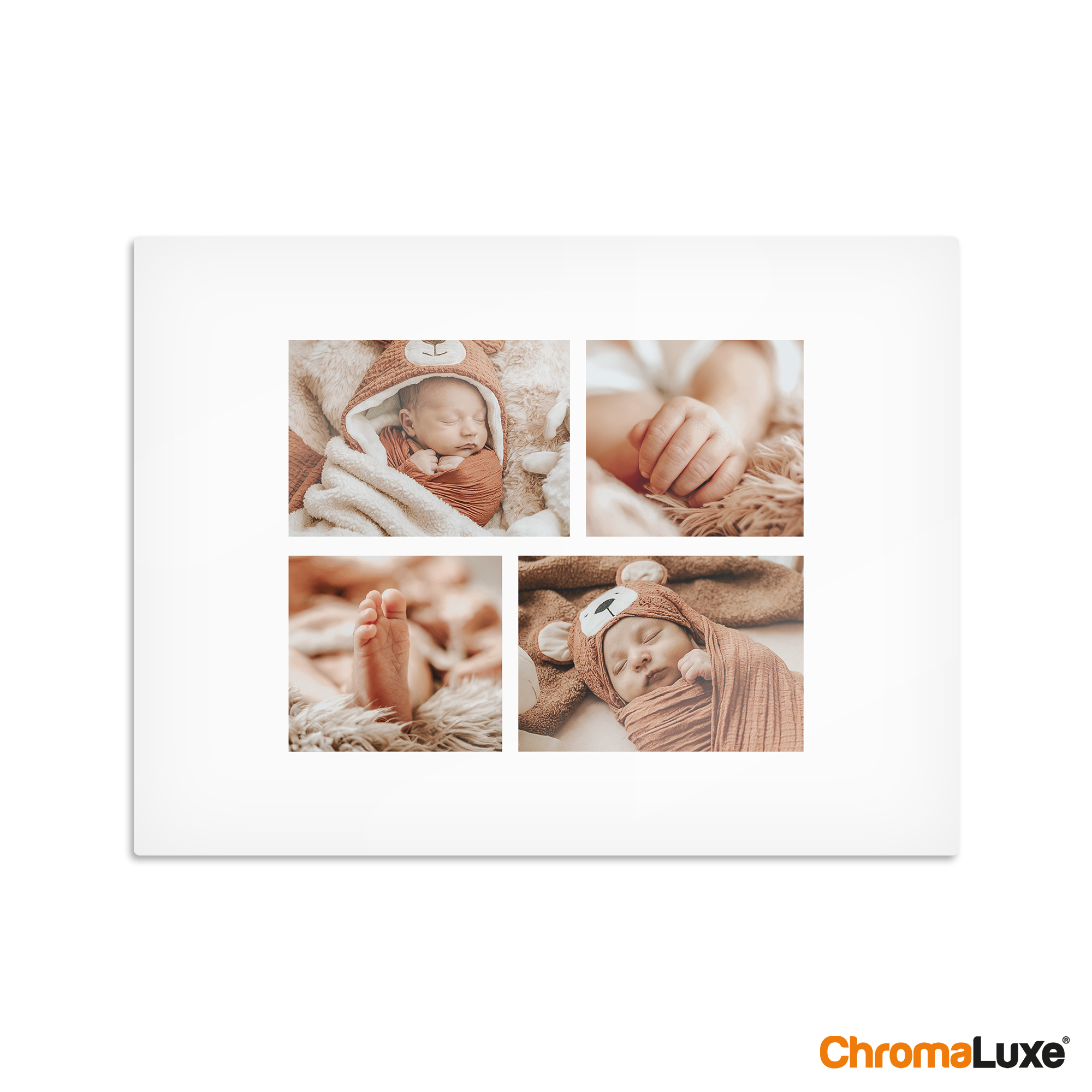 Chromaluxe aluminum photo prints with four custom photos of a sleeping baby, hand, and foot