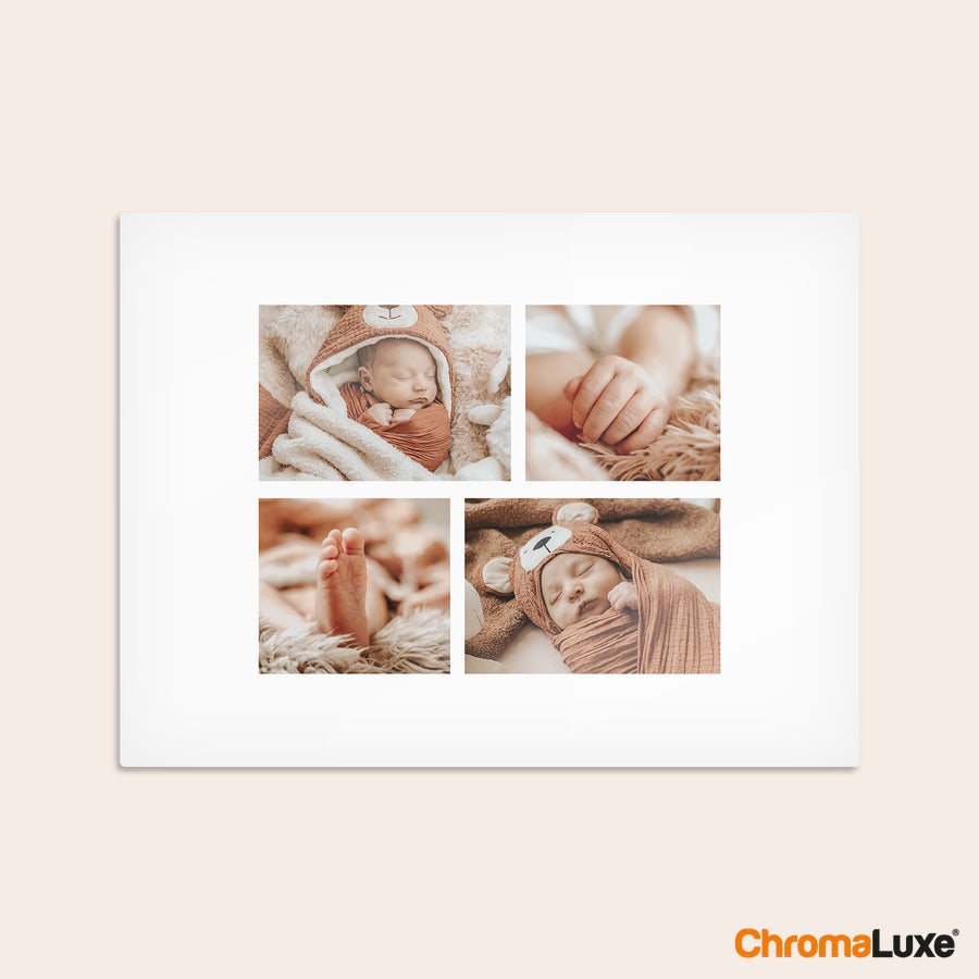 Aluminium photo panel Chromaluxe aluminum photo prints with four custom photos of a sleeping baby, hand, and foot
