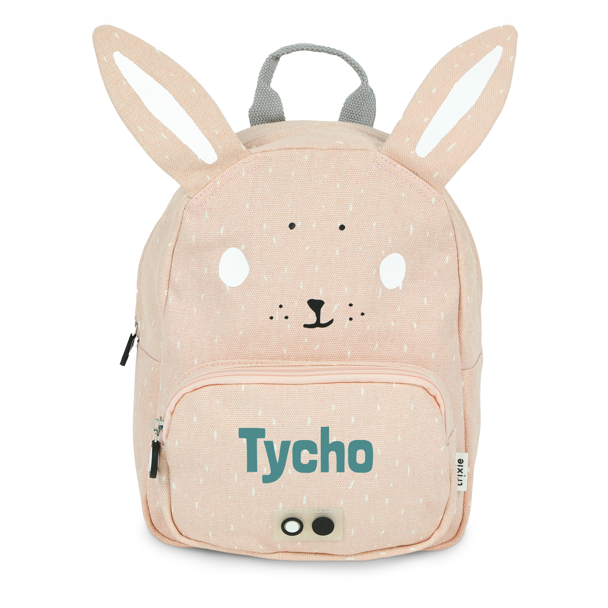 Roze kinderrugzak met konijnenoren en gezichtje, bedrukt met de naam Tycho op het voorvak