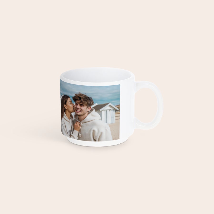 Stackable mugs with photo White stackable photo mug printed with a picture of a couple, ideal for a custom photo mug.