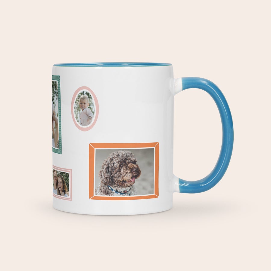 Foto Cană Cană albă cu interior și mâner albastru deschis, personalizată cu fotografii imprimate. Oferă cadou o cană colorată!