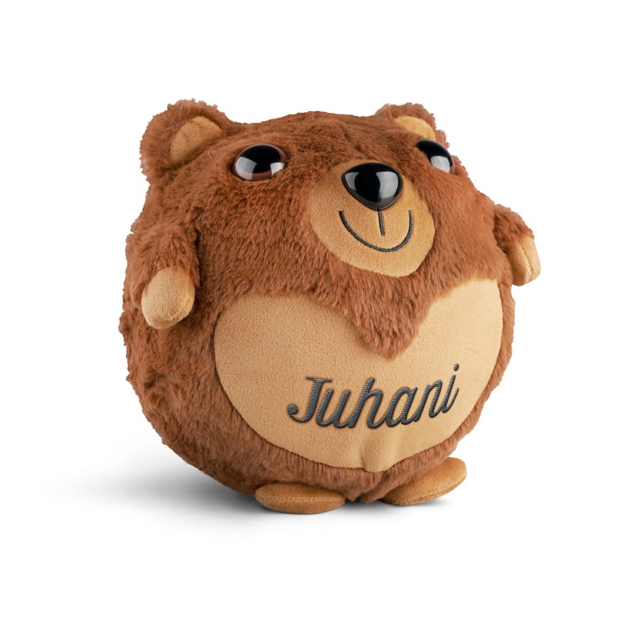 Este ursinho de pelúcia inflável personalizado marrom com o nome Juhani bordado na barriga.