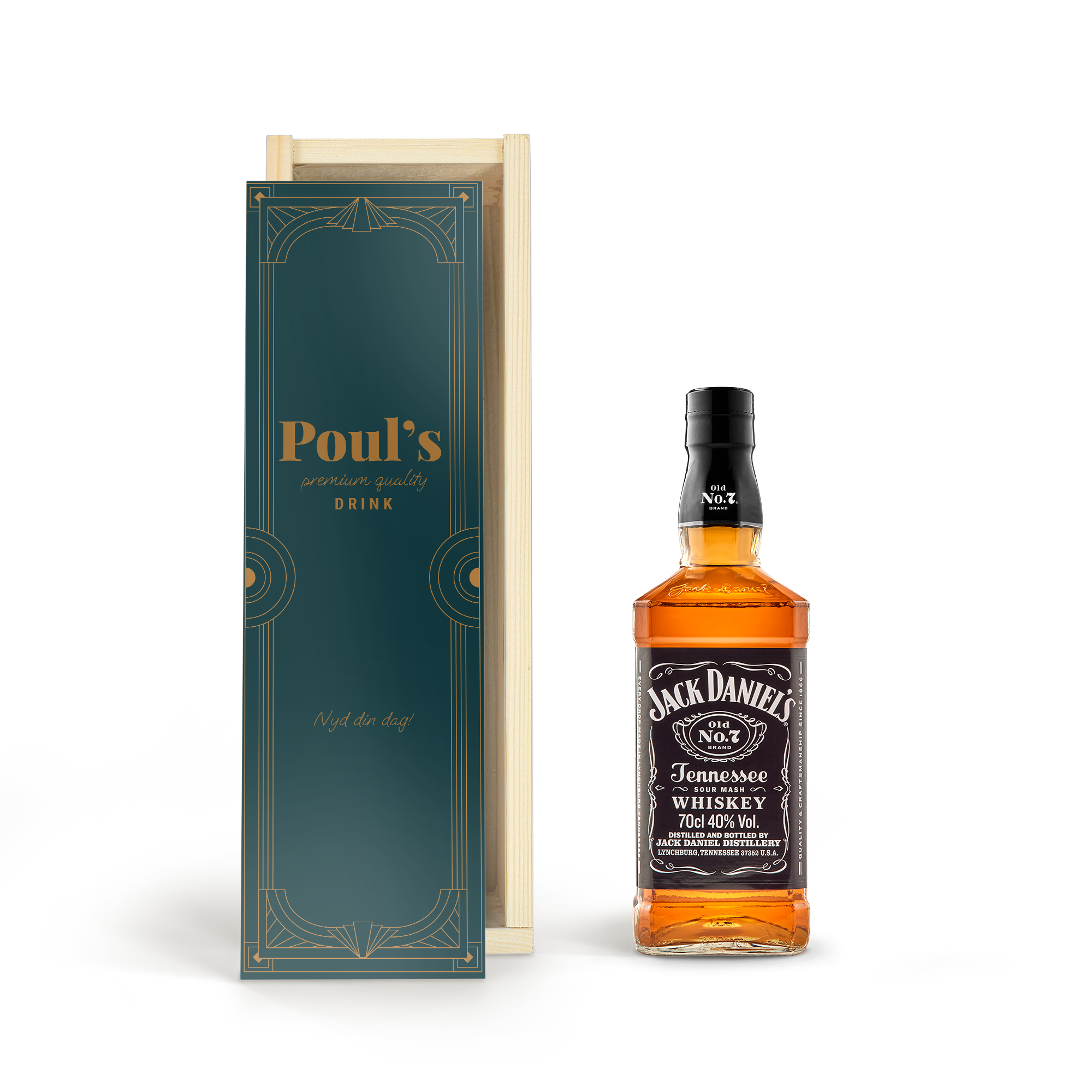 En super velsmagende flaske Jack Daniels whisky med Poul's logo og teksten Nyd din dag trykt på en brugerdefineret trækasse.