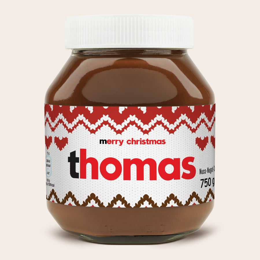 Personalisiertes nutella®-Glas Ein nutella Glas, bedruckt mit Thomas und merry christmas, verpackt mit 750g Nuss-Nugat-Creme, perfekt um deine Liebsten zu überraschen.