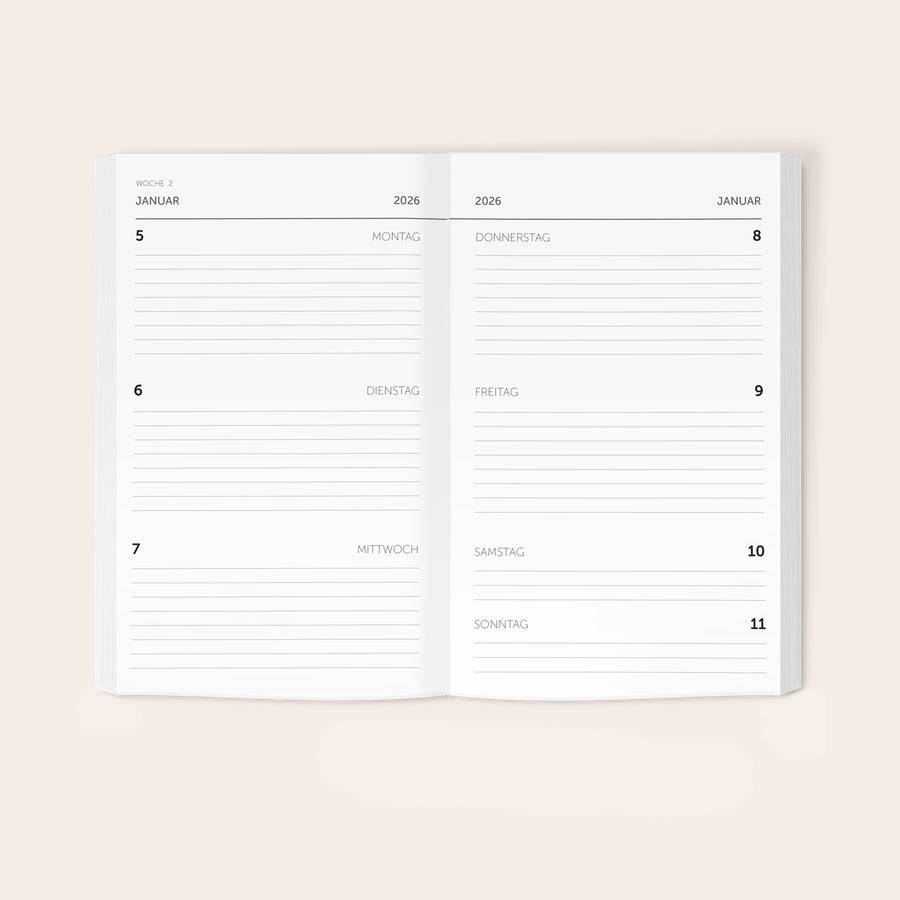 Taschenkalender selbst gestalten 2026 Ein geöffneter Terminplaner selbst gestalten im Januar 2026 mit Wochentagen zum Beschreiben.