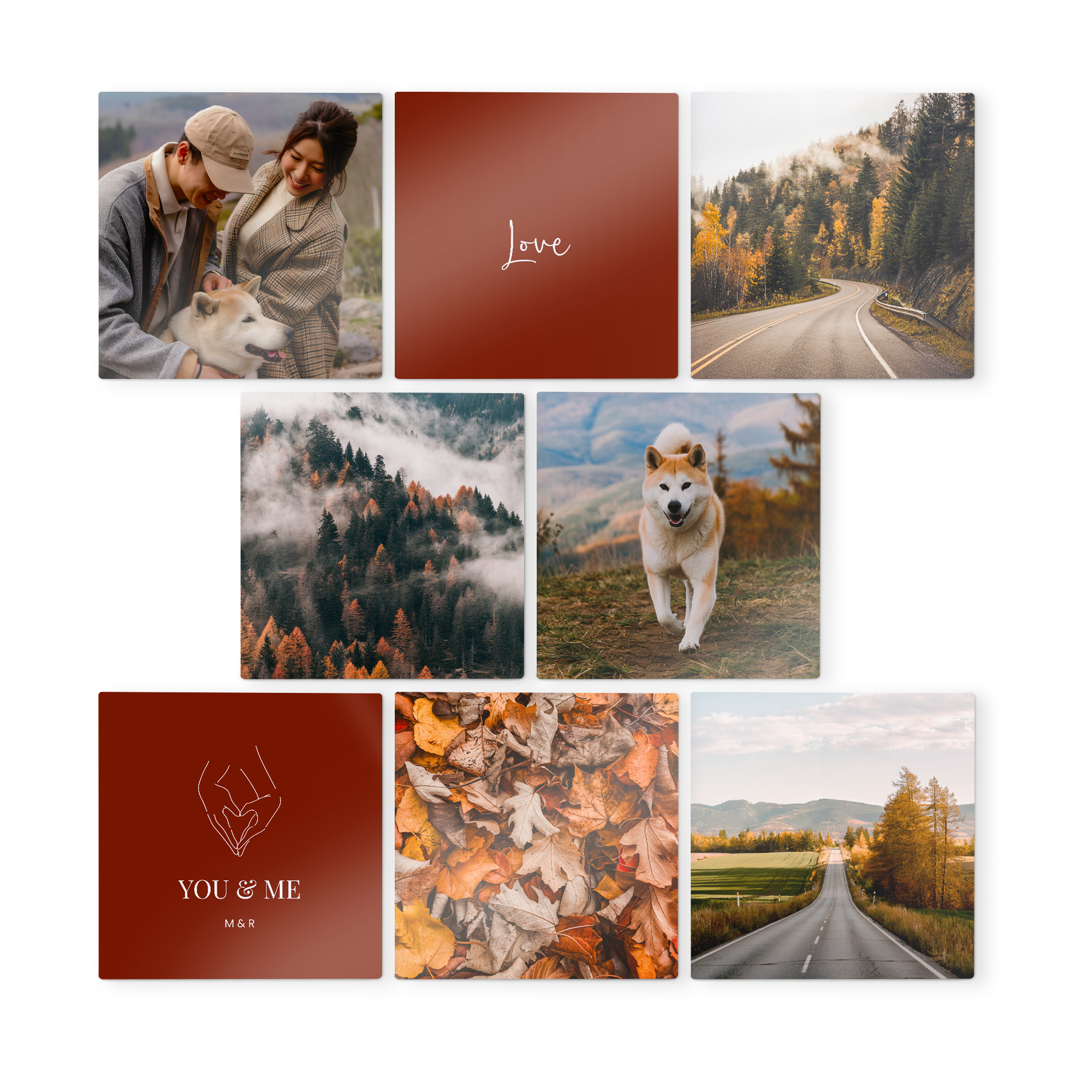 Quadratische Wandbilder aus Holz mit Ihrem Design und verschiedenen Herbstmotiven, darunter ein Pärchen mit Hund, ein Schriftzug Love, YOU & ME mit Initialen, eine Straße, Bäume und Blätter.