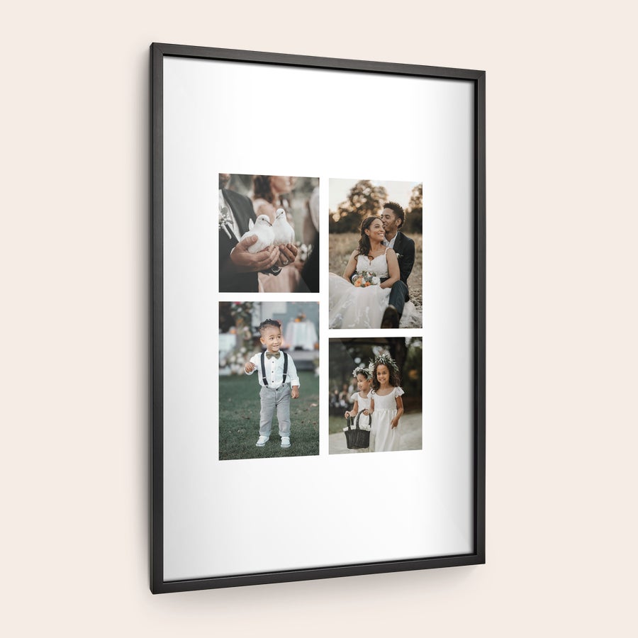Foto in lijst bestellen Zwarte houten fotolijst met gepersonaliseerde fotoafdruk van vier diverse foto's om jouw mooiste fotomoment aan de muur te hangen.