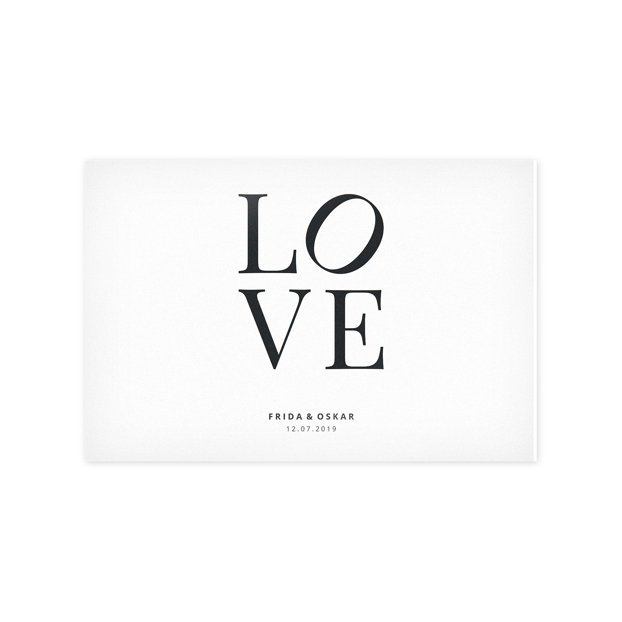 Bilde på forex med LOVE trykt i sort, personliggjort med navn og datoen 12.07.2019