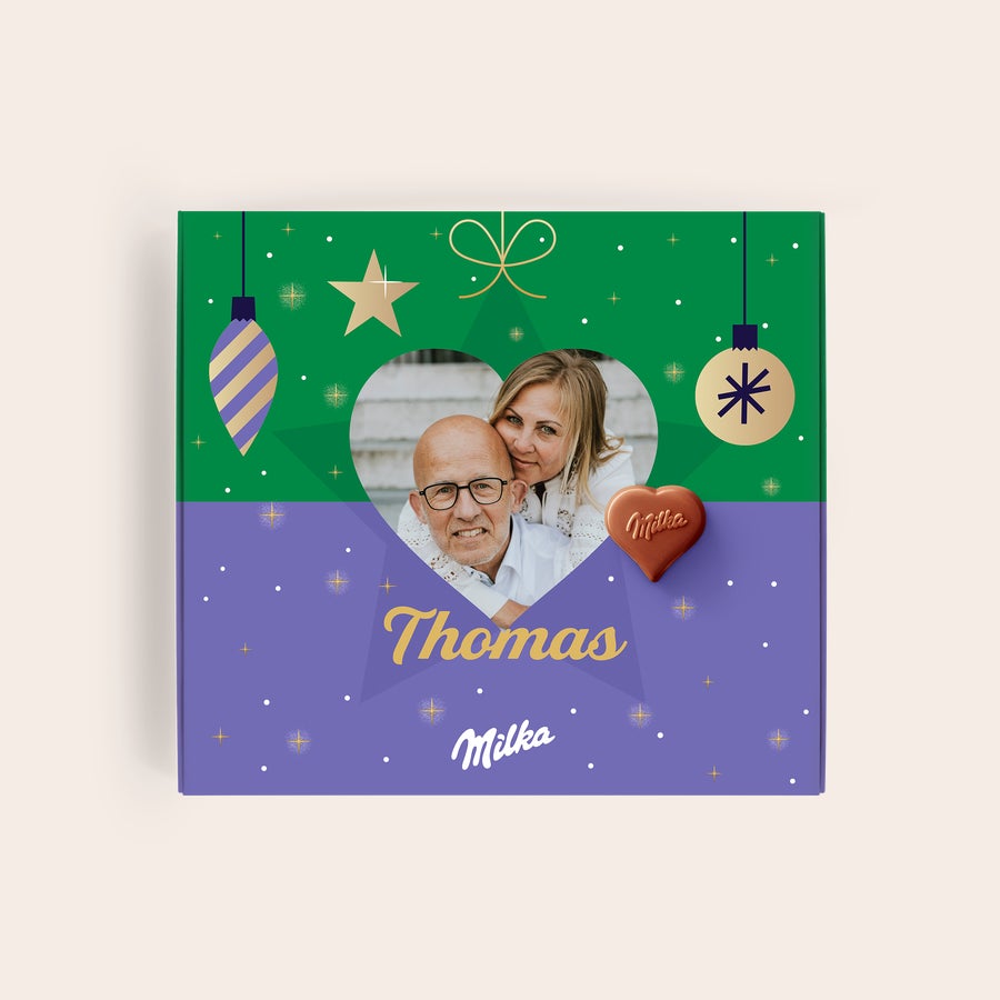 Pralinés de Milka Natal Caixa de presente Milka personalizada para férias, impressa com foto de casal, nome Thomas e bombom Milka