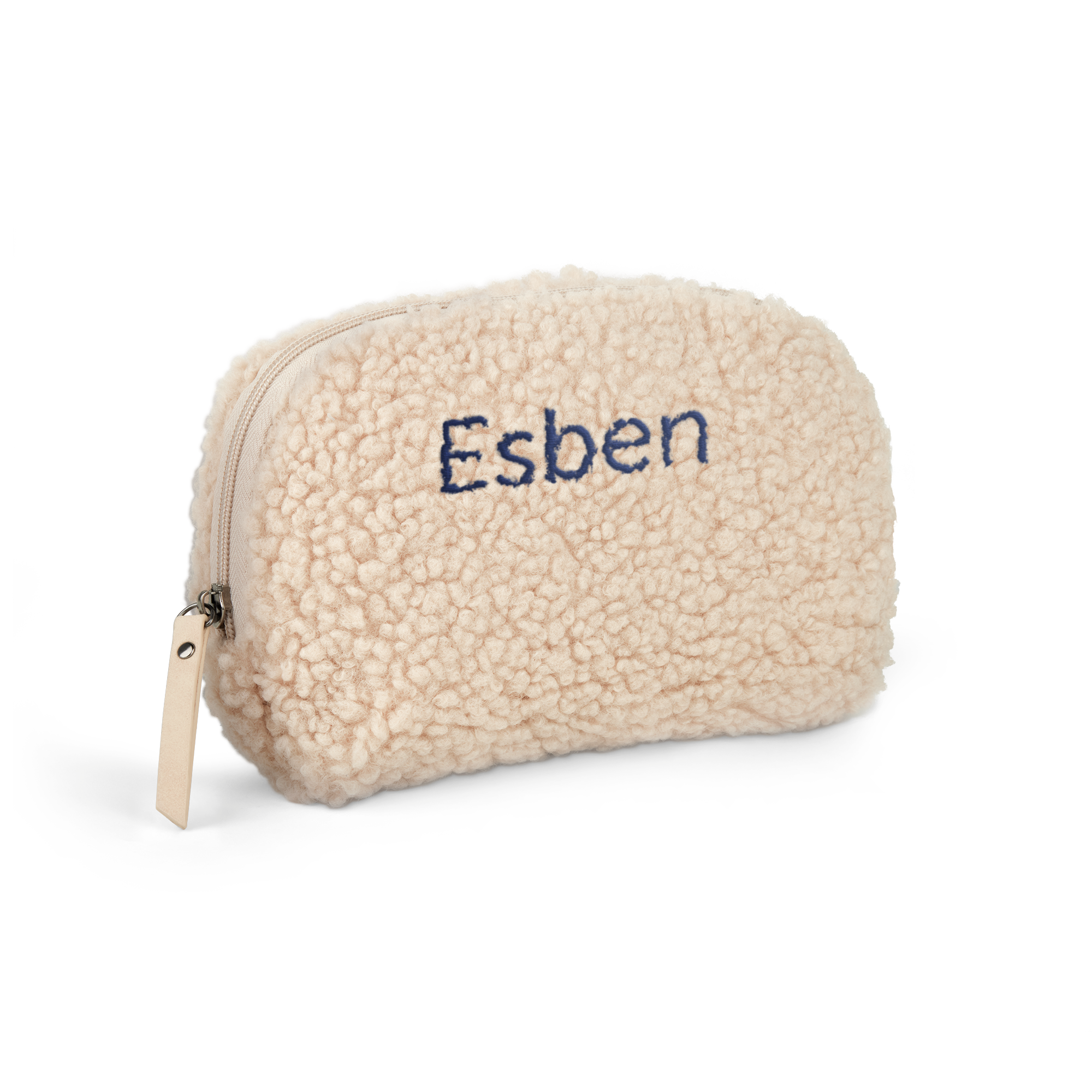 Blød plys makeup taske i beige med broderet navn Esben. Hav altid alting lige ved hånden med denne super bløde plys make up taske.