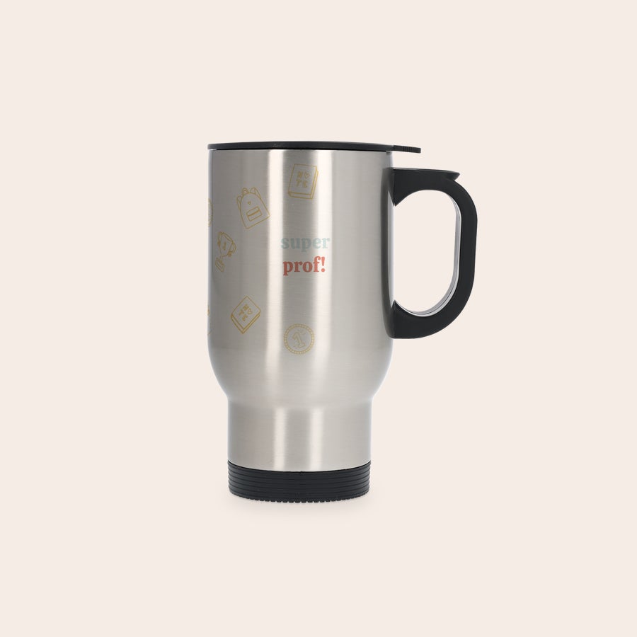 Mug isotherme personnalisé Mug thermos personnalisable argenté avec anse noire, imprimé "super prof!" et motifs scolaires, transformez chaque boisson