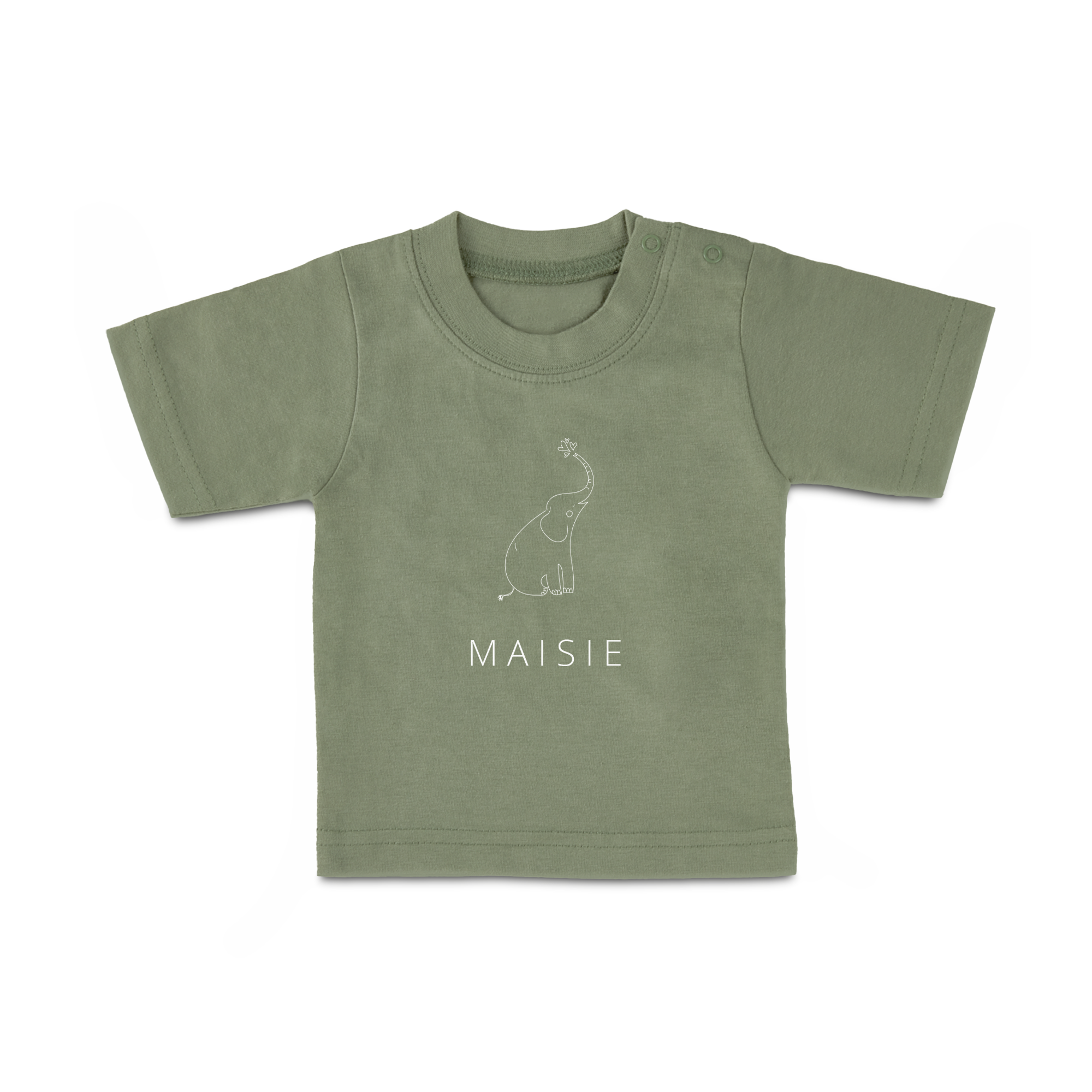 T-shirt verde de bebé personalizada com nome MAISIE e elefante desenhado