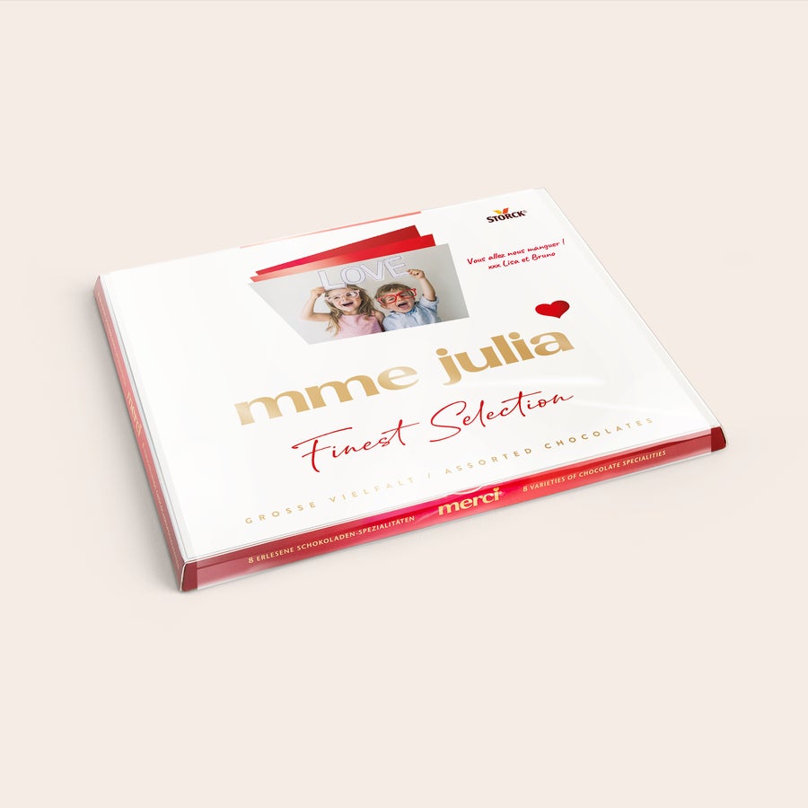 Chocolat Merci Finest Selection avec carte de vœux Chocolat Merci avec carte personnalisée - 250 grammes, motif "Love" avec photo imprimée et nom "mme julia"