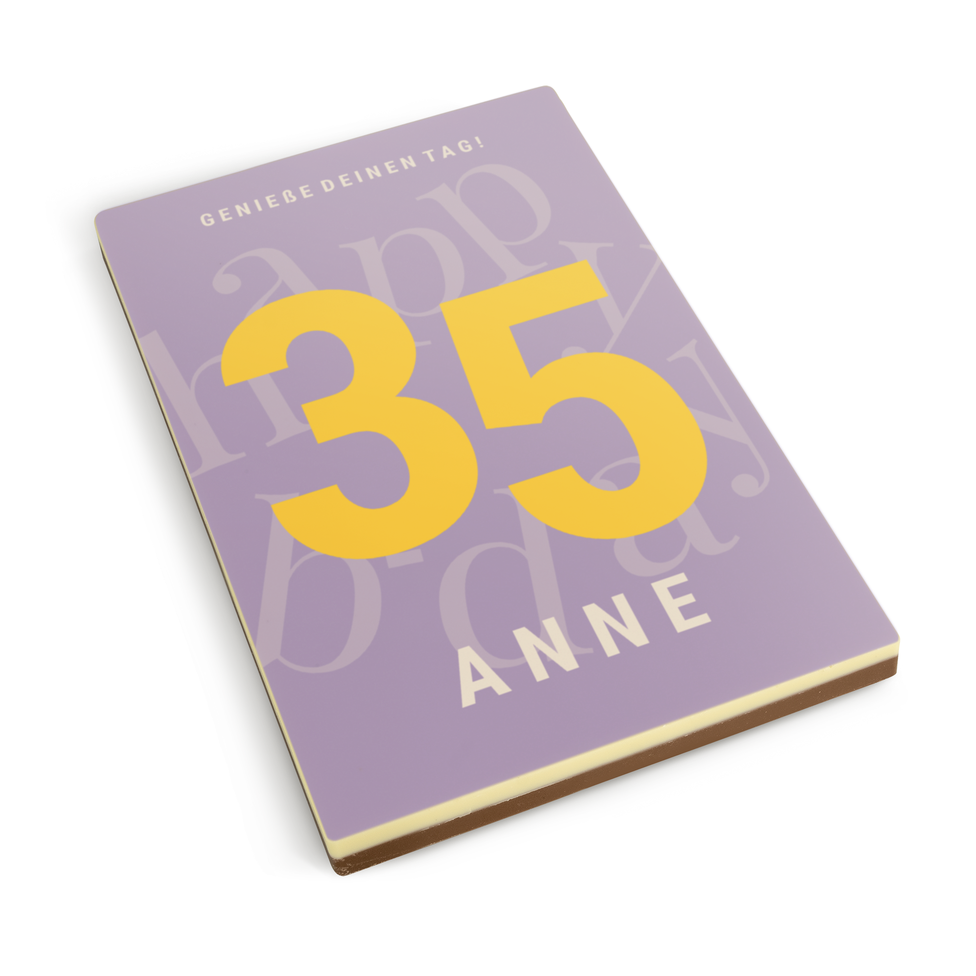 Personalisierter Schokoladenbrief mit lila Aufdruck, Zahl 35 und Name Anne, bedruckt mit "Genieße deinen Tag!"