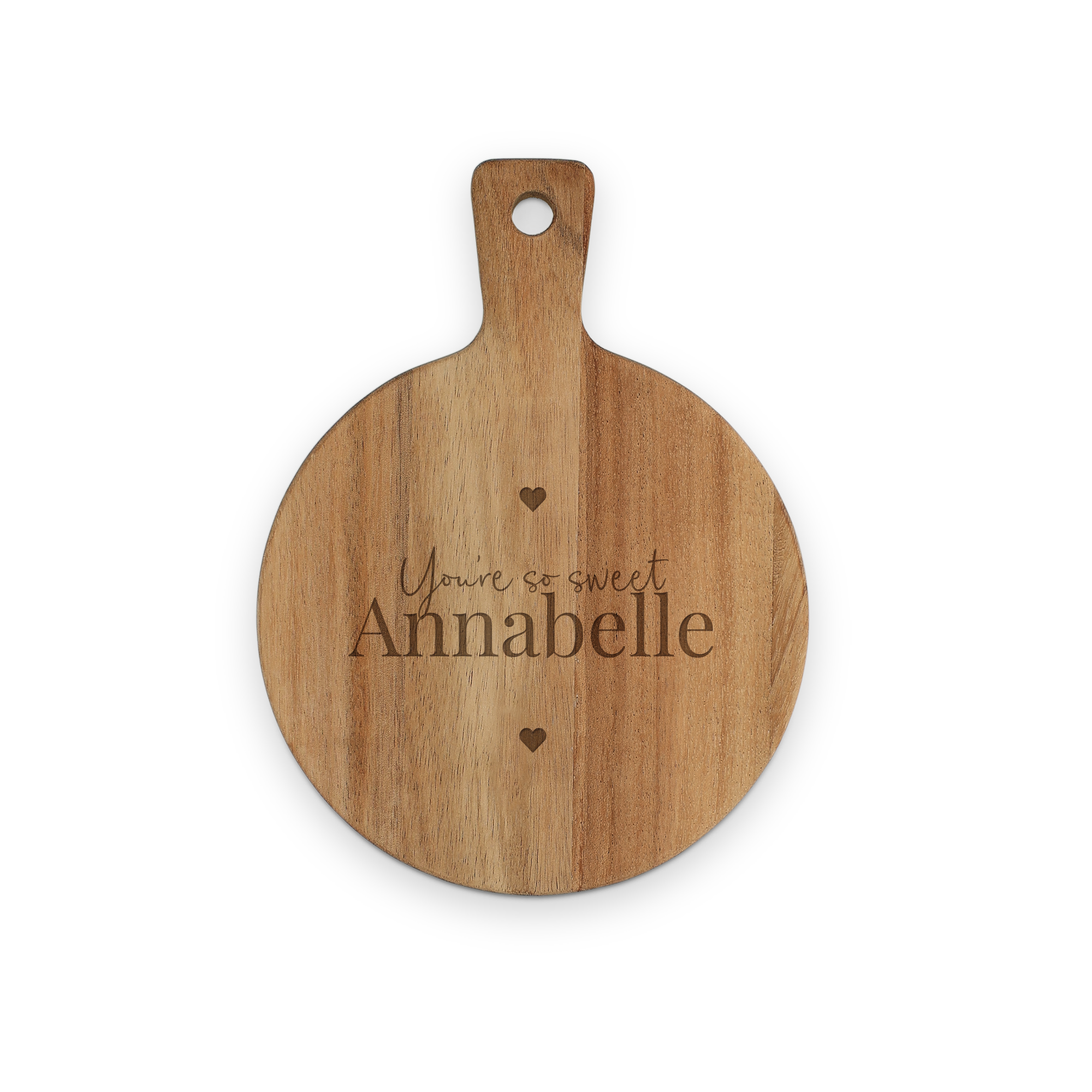 Drevená servírovacia doska gravírovaná menom Annabelle s textom You're so sweet a srdiečkami.