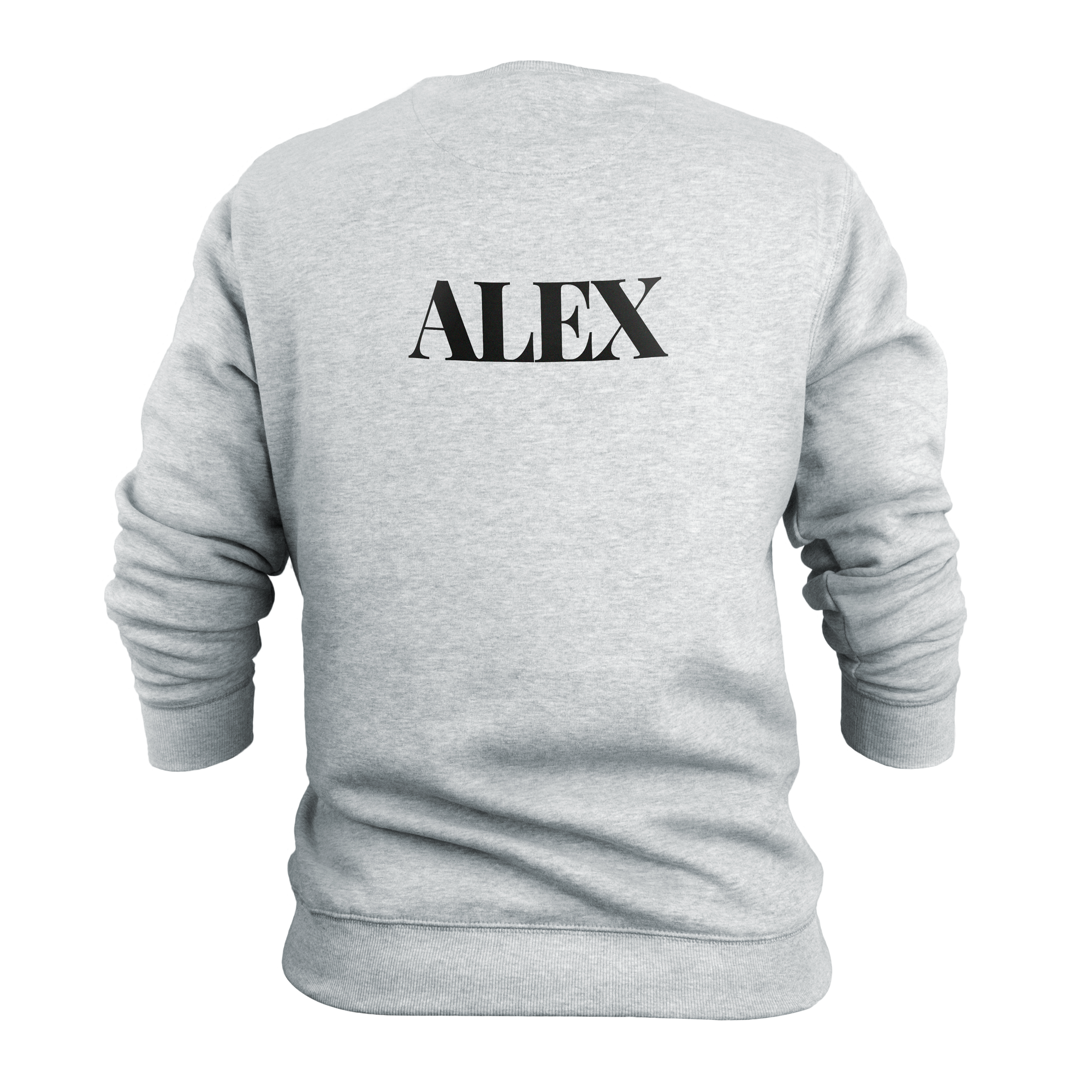 Grå personlig genser trykt med navnet "ALEX" i svart skrift, perfekt for et kult design.