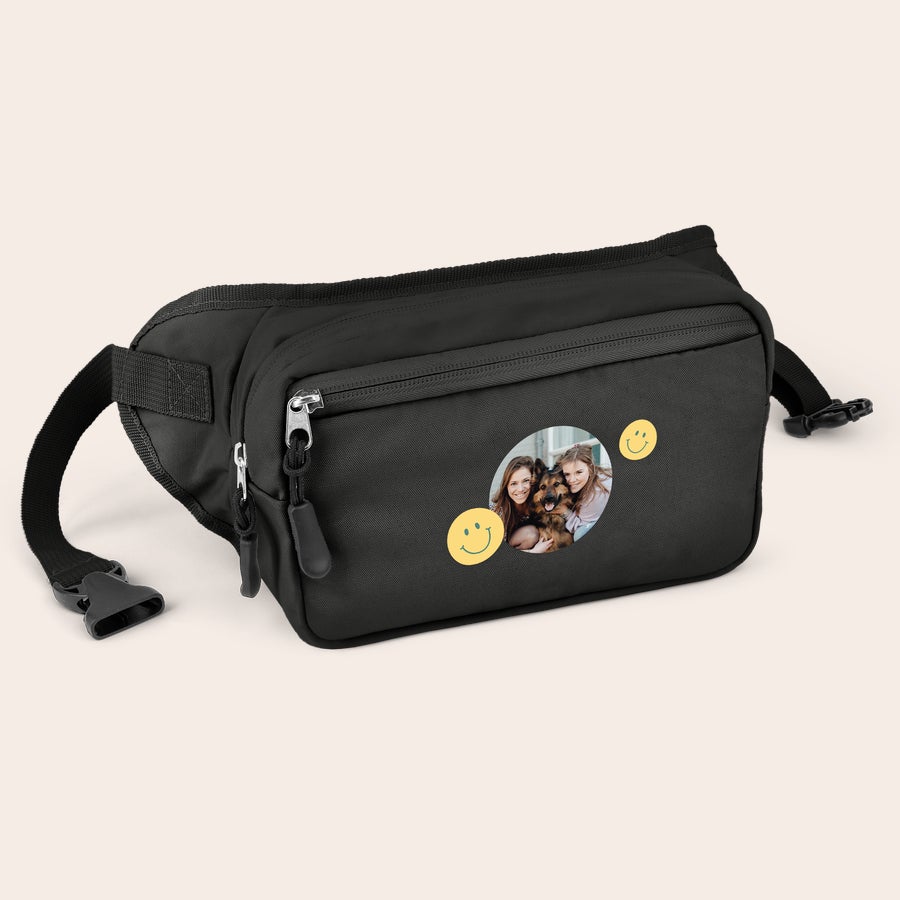 Marsupio personalizzato Marsupio personalizzato nero con foto di ragazze e cane stampata, più faccine sorridenti gialle per tenere gli oggetti essenziali a portata di mano