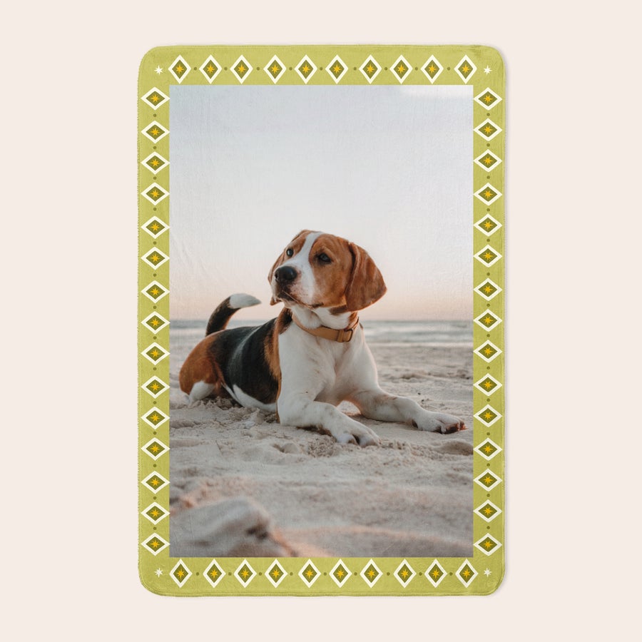 Coperta in Pile - Stampa a Quadri - Animali - 100x150 Coperta in pile personalizzata con foto di beagle sulla spiaggia, bordo verde a motivi geometrici