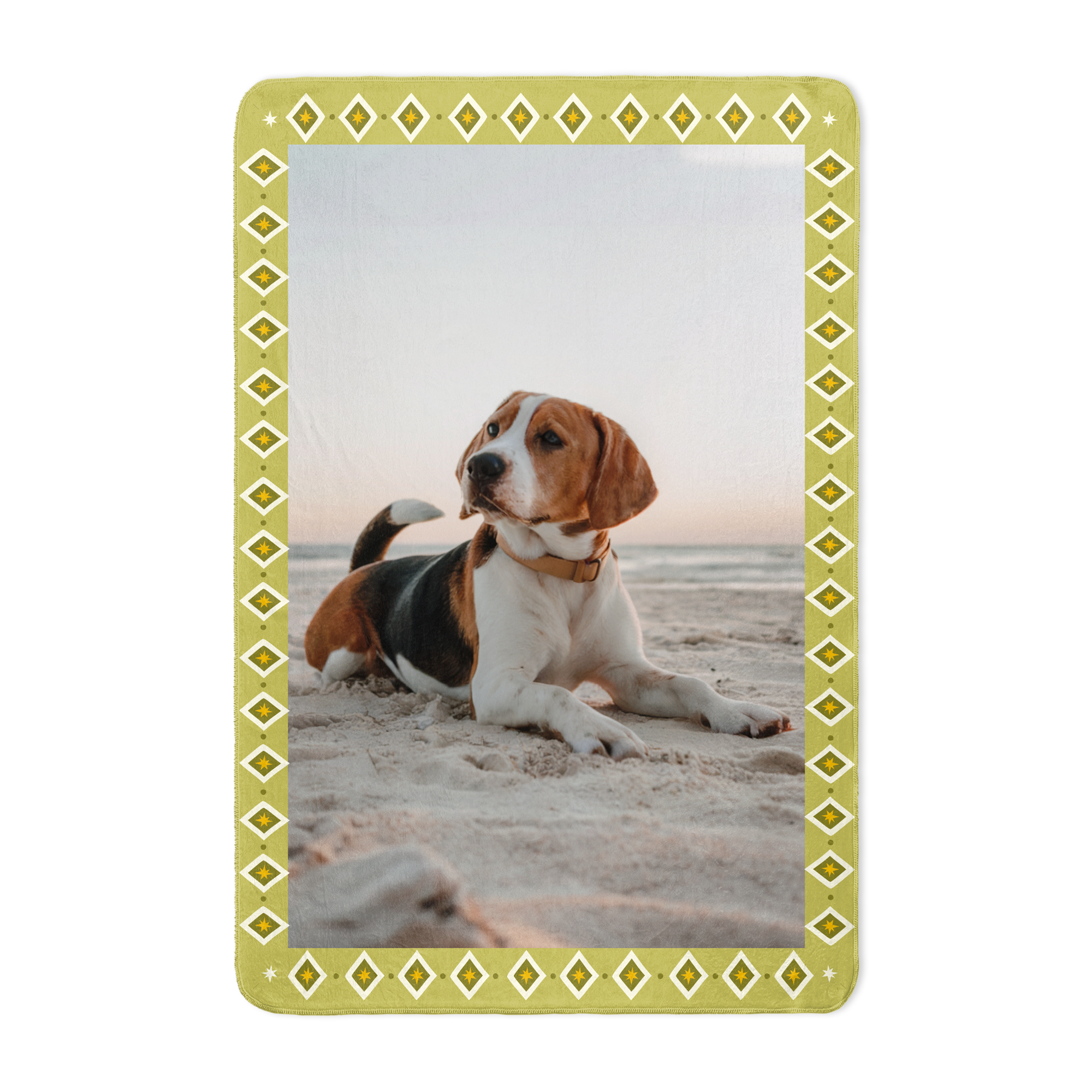 A customizable fleece photo blanket with a printed picture of a beagle on a beach