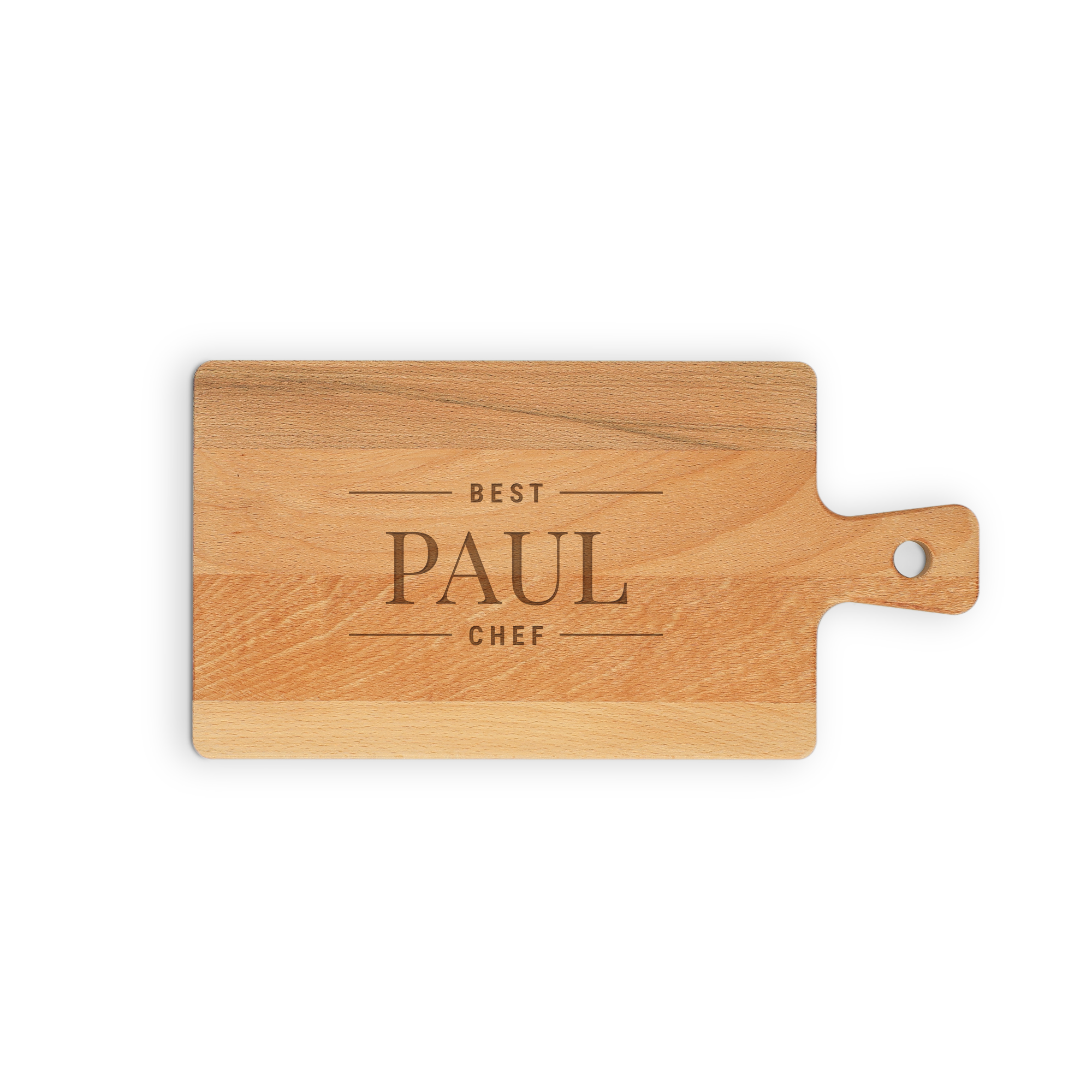 Personalisiertes Servierbrett aus Holz, graviert mit dem Namen "Paul" und "Best Chef".