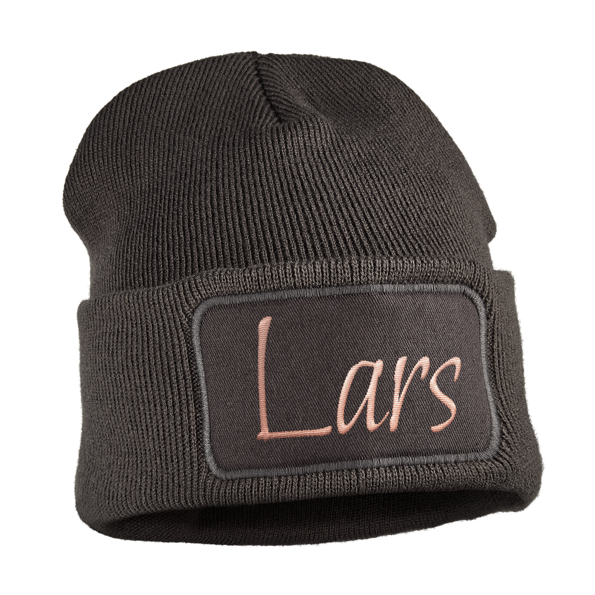 Gray beanie with the name Lars embroidered in pink on a front patch