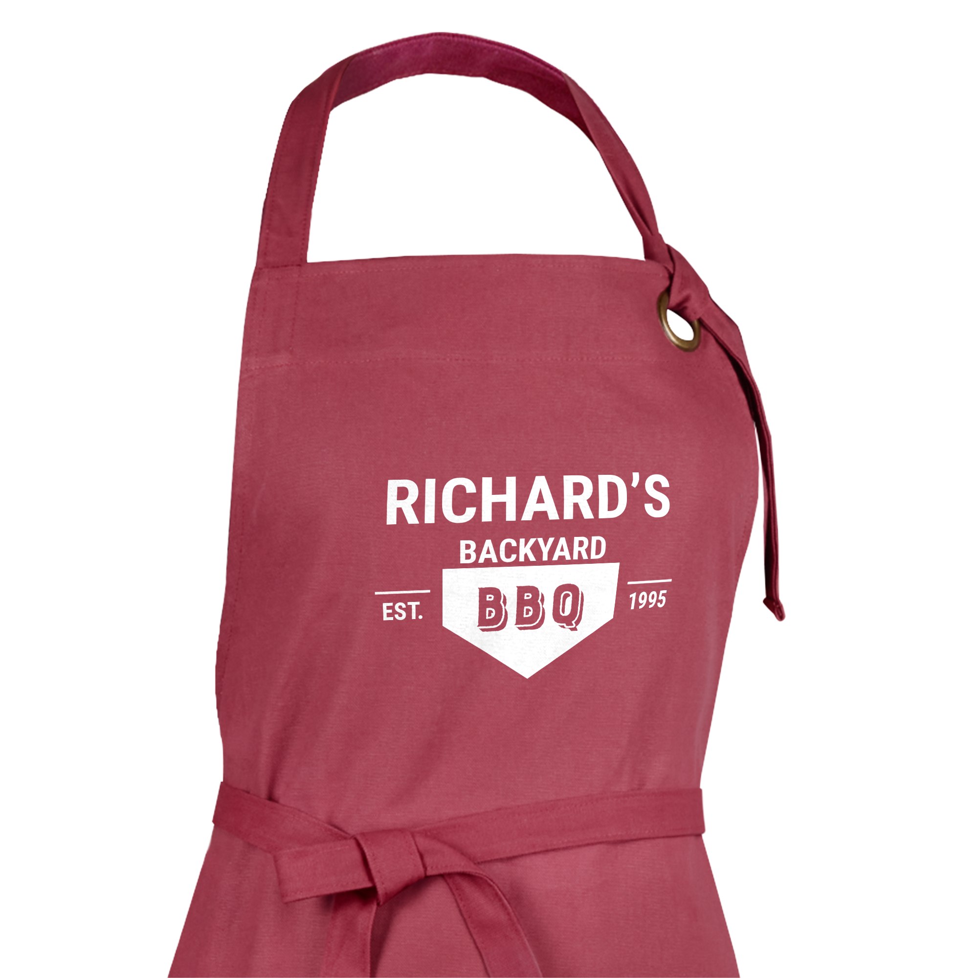 Bordeauxrood gepersonaliseerd schort bedrukt met de naam Richard's Backyard BBQ en een honkbalknuppel.