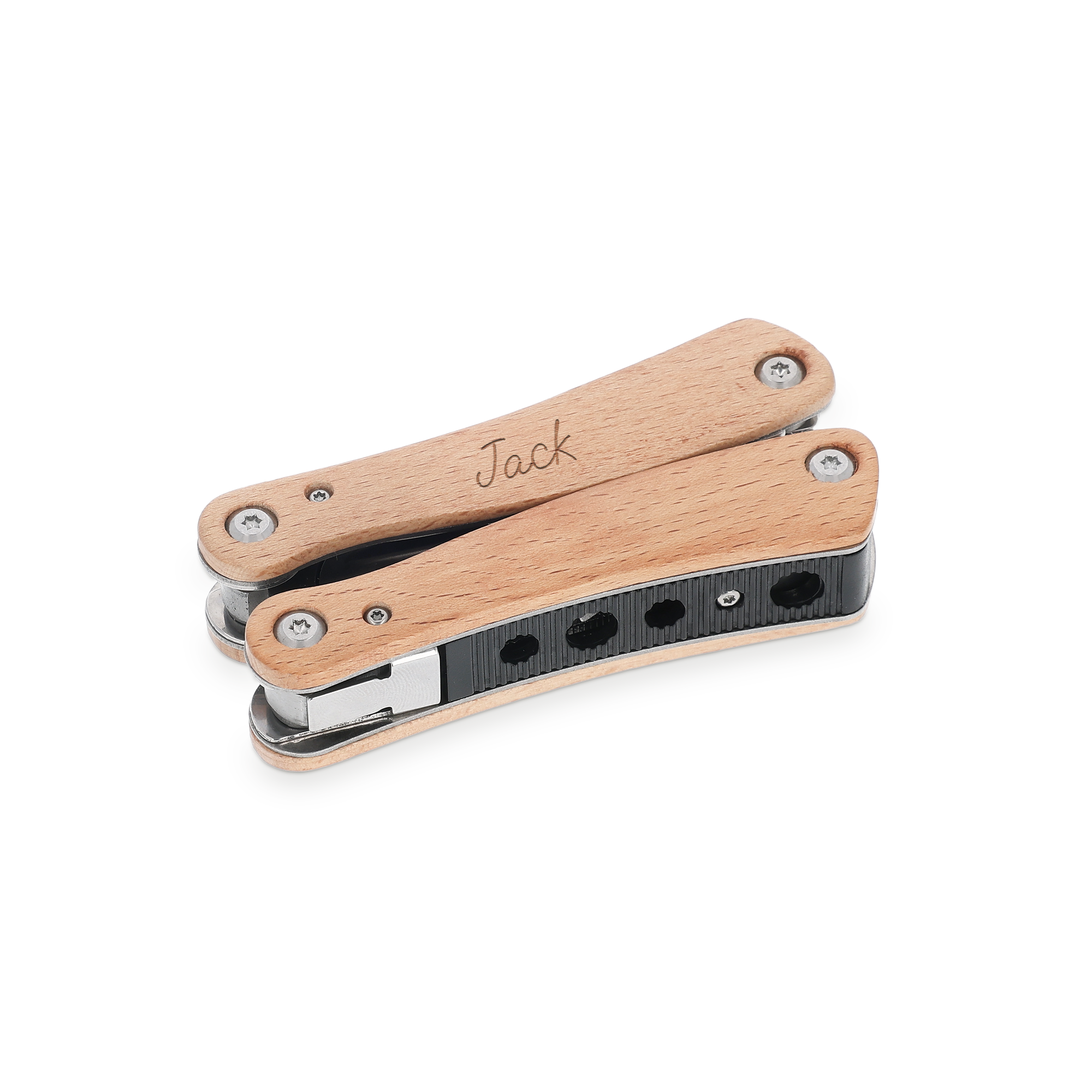 Instrument multifunctional mare personalizat, manere din lemn de fag cu numele Jack gravat, in pozitie inchisa.