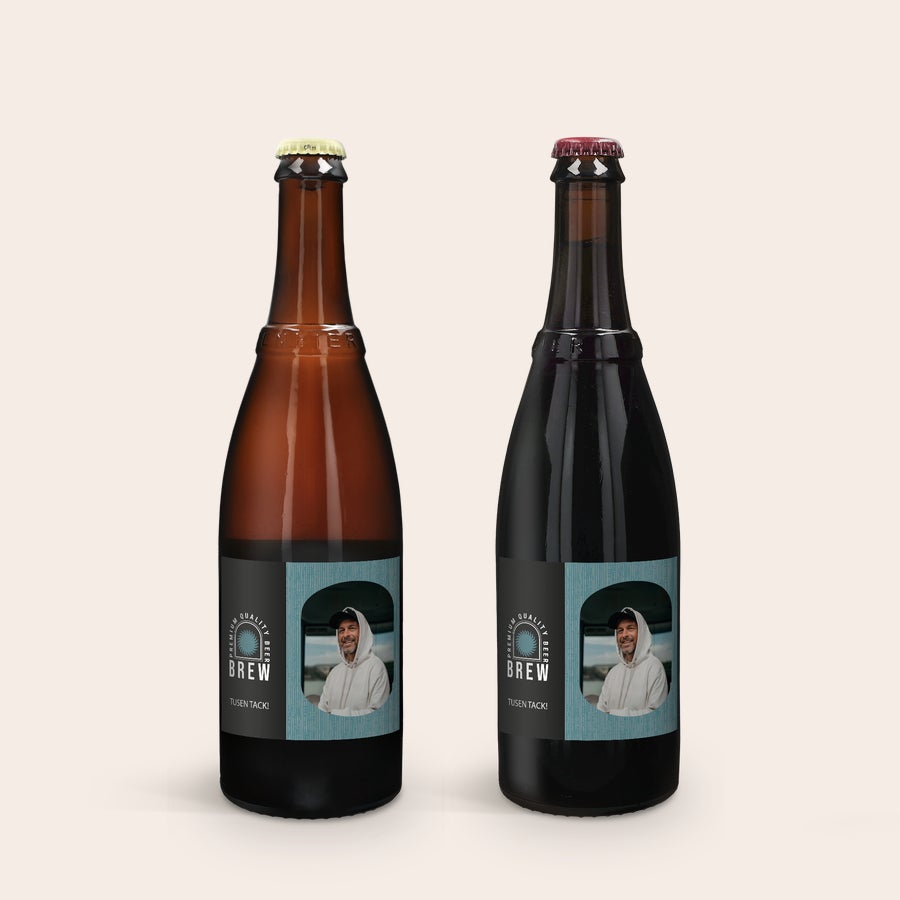 Öl gåva uppsättning - Westmalle Dubbel och Tripel Två Westmalle ölflaskor med personliga etiketter, tryckta med ett foto av en man och texten Tusen tack!