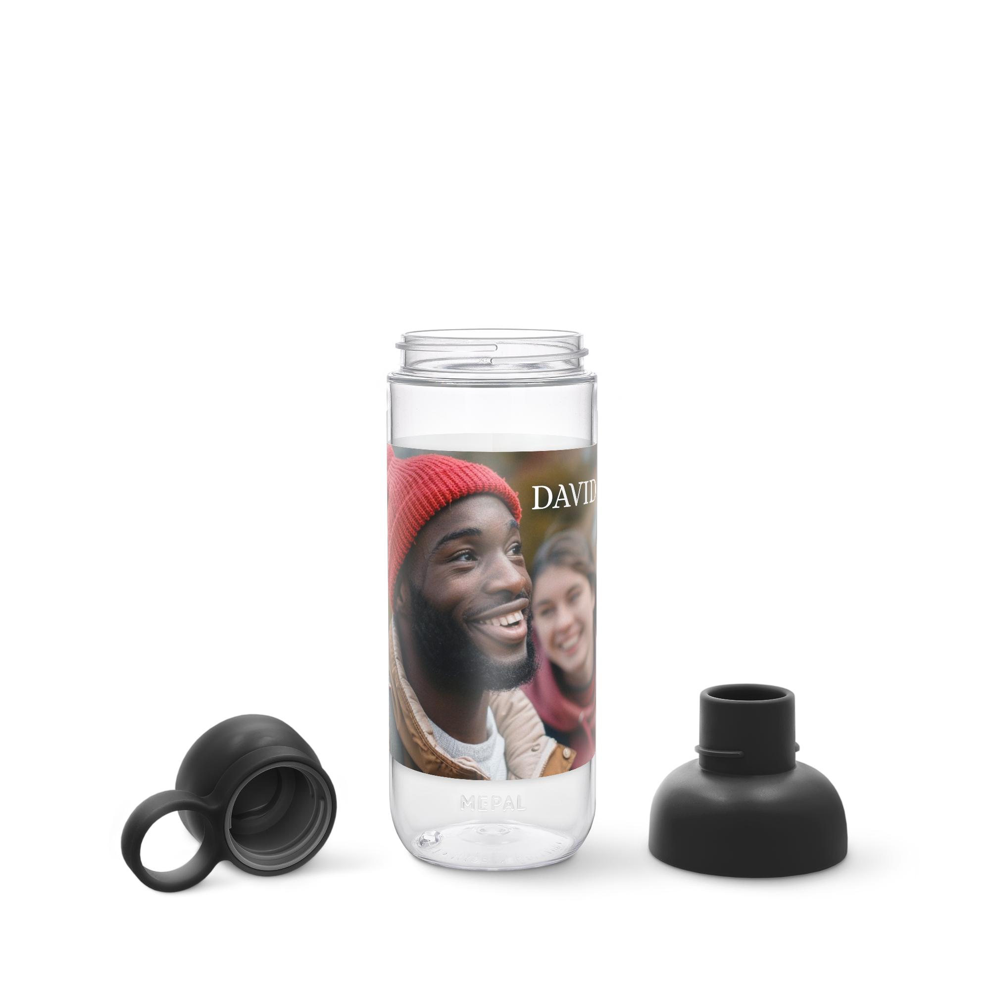 Clear Mepal water bottle with a printed photo of two smiling people and the name DAVID, featuring two black lids