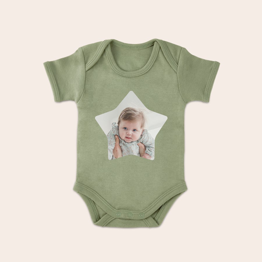 Personalised baby grow Green babygrow printed with a cute baby photo in a star shape. New parents can personalize this babygrow.