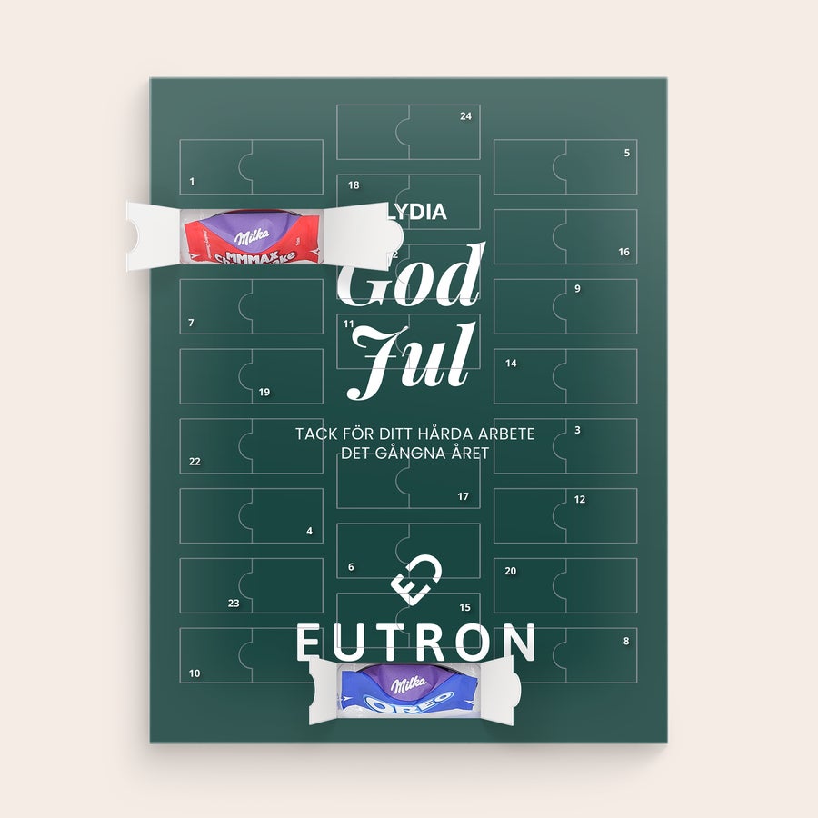 Milka Favourites Adventskalender med foto Personlig adventskalender i grönt med texten "God Jul" och namnet Lydia, fylld med Milka-choklad.
