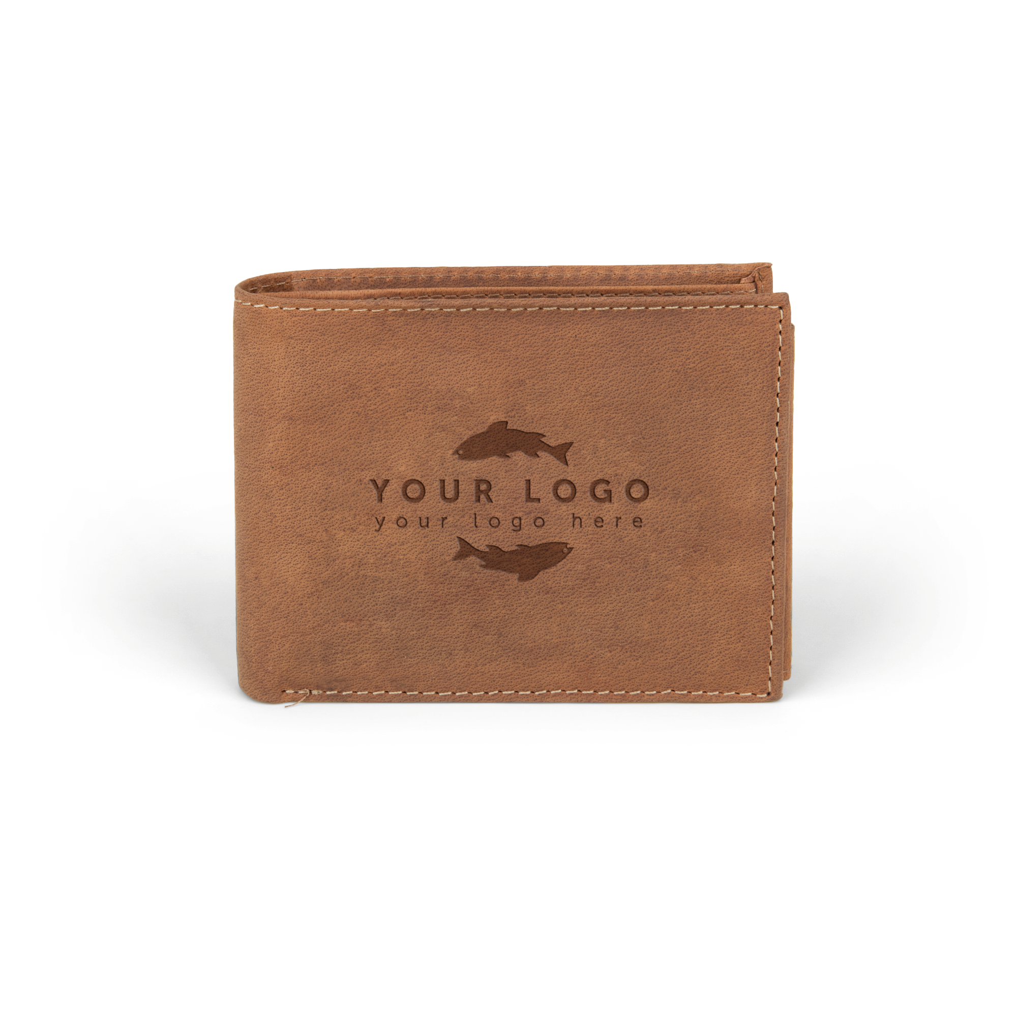 Personlig brun läderplånbok med "Your Logo" graverat, för att överraska männen med en snygg plånbok.