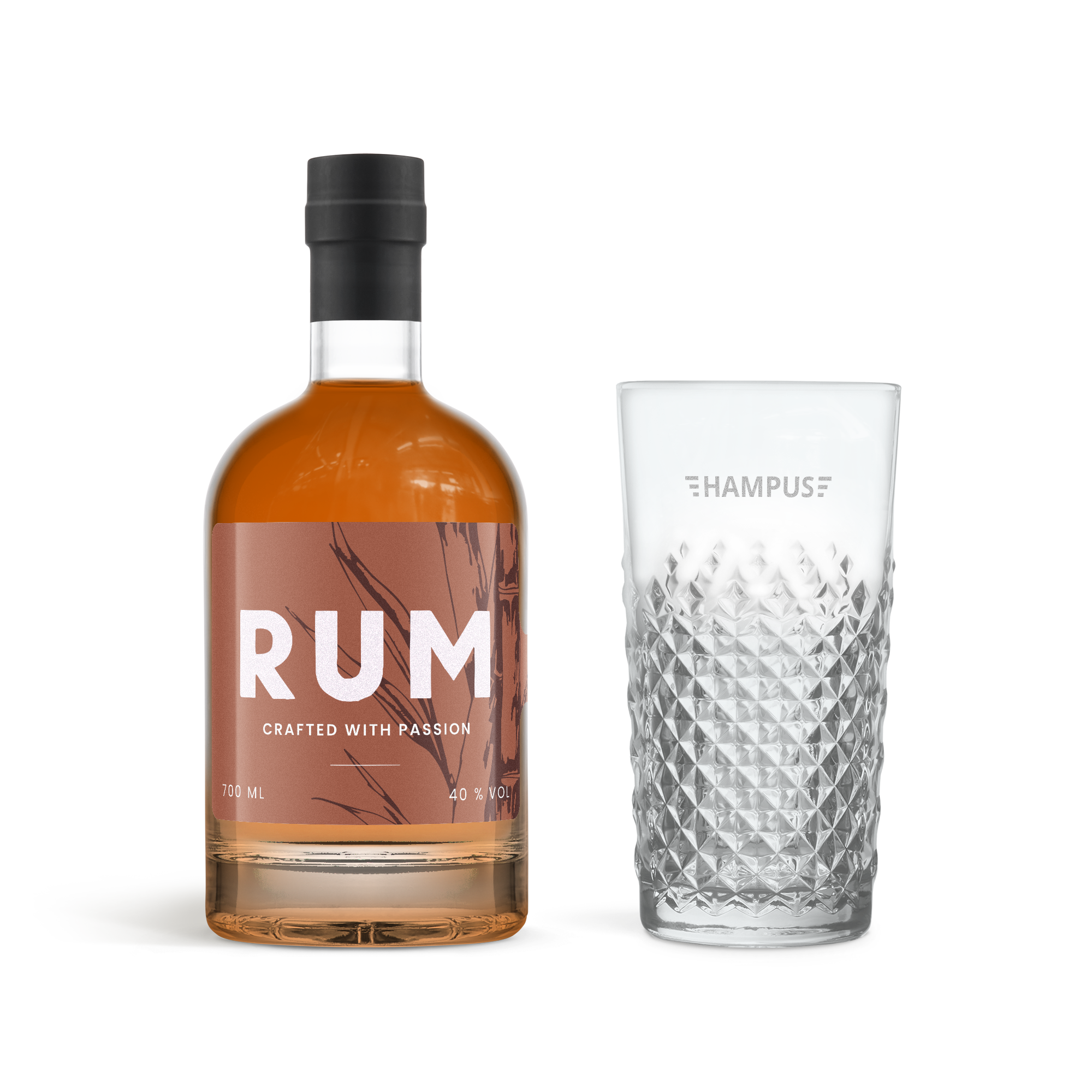 Mörk rom och ett romglas med Hampus graverat, ett personligt rom presentset