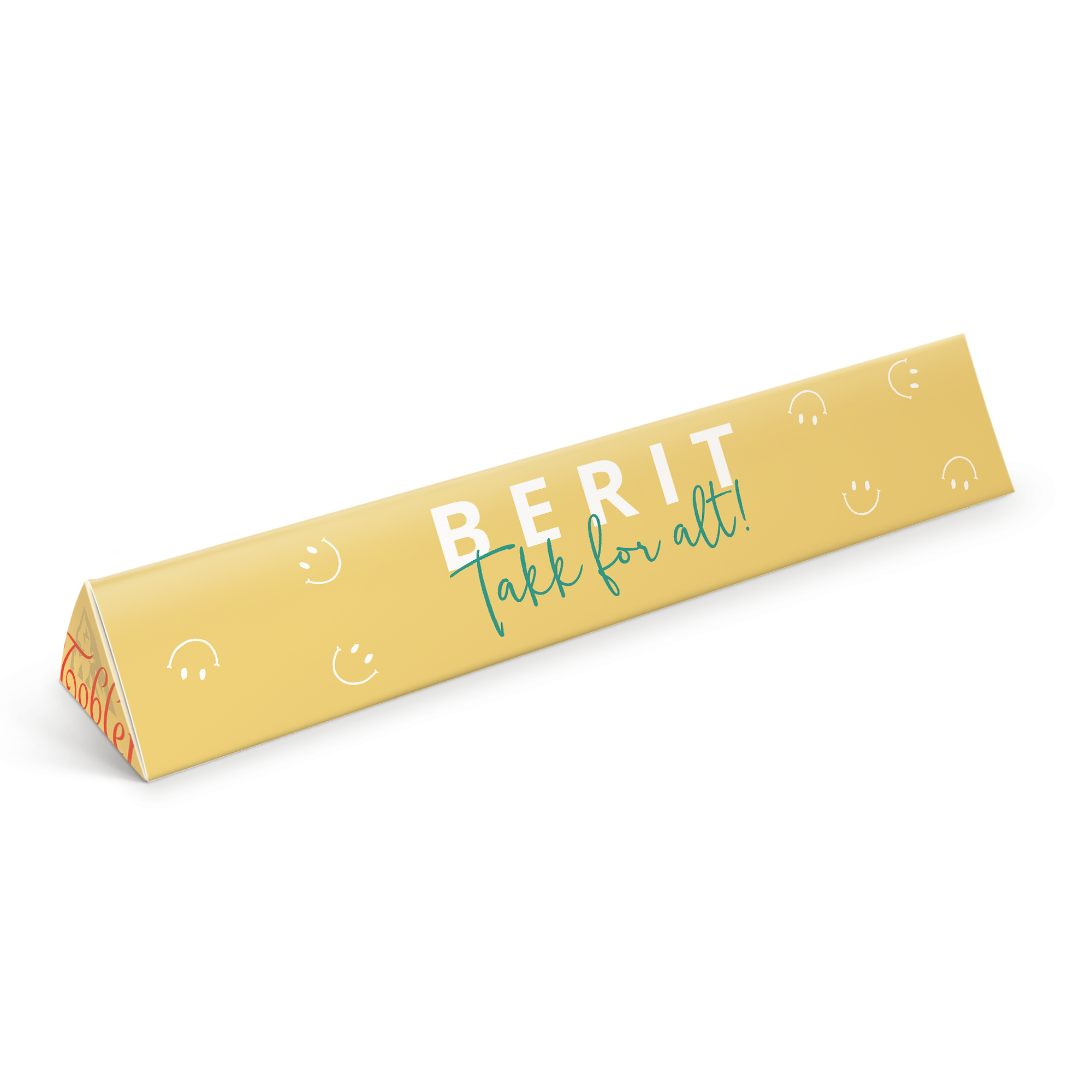 Den personlige tilpassede Toblerone-sjokoladen med trykt navnet Berit og meldingen "Takk for alt!"