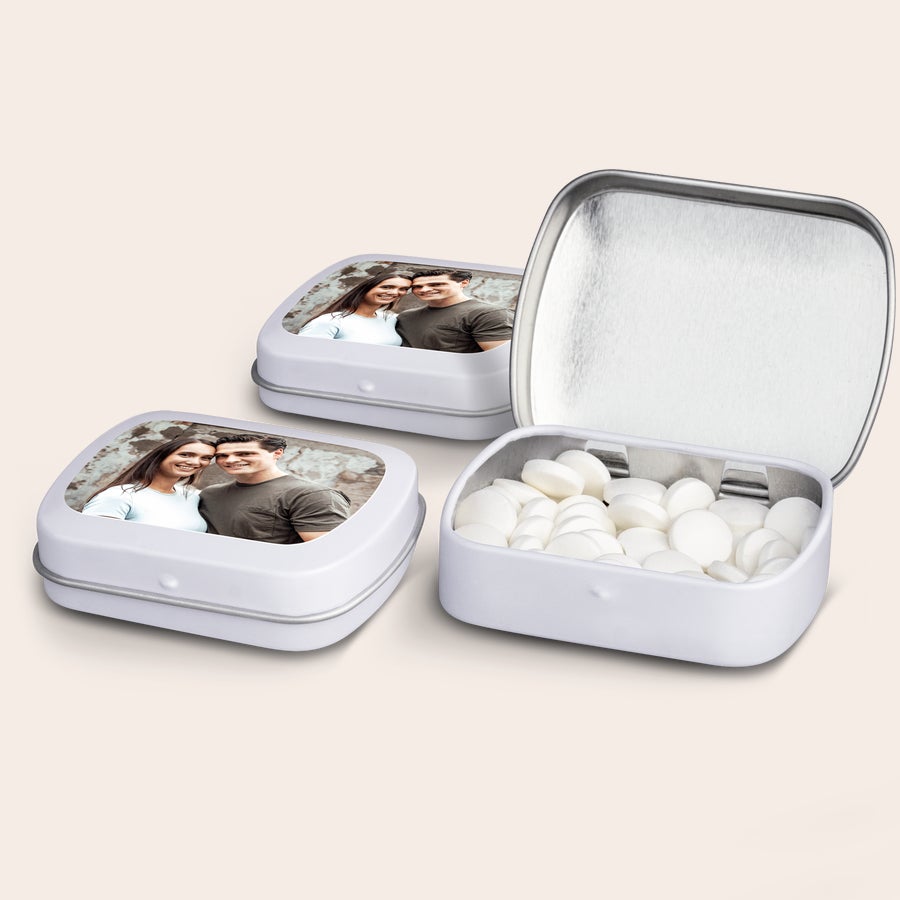 Caixas Personalizadas - Menta Latas de balas de hortelã personalizadas com foto de casal, um presente especial.