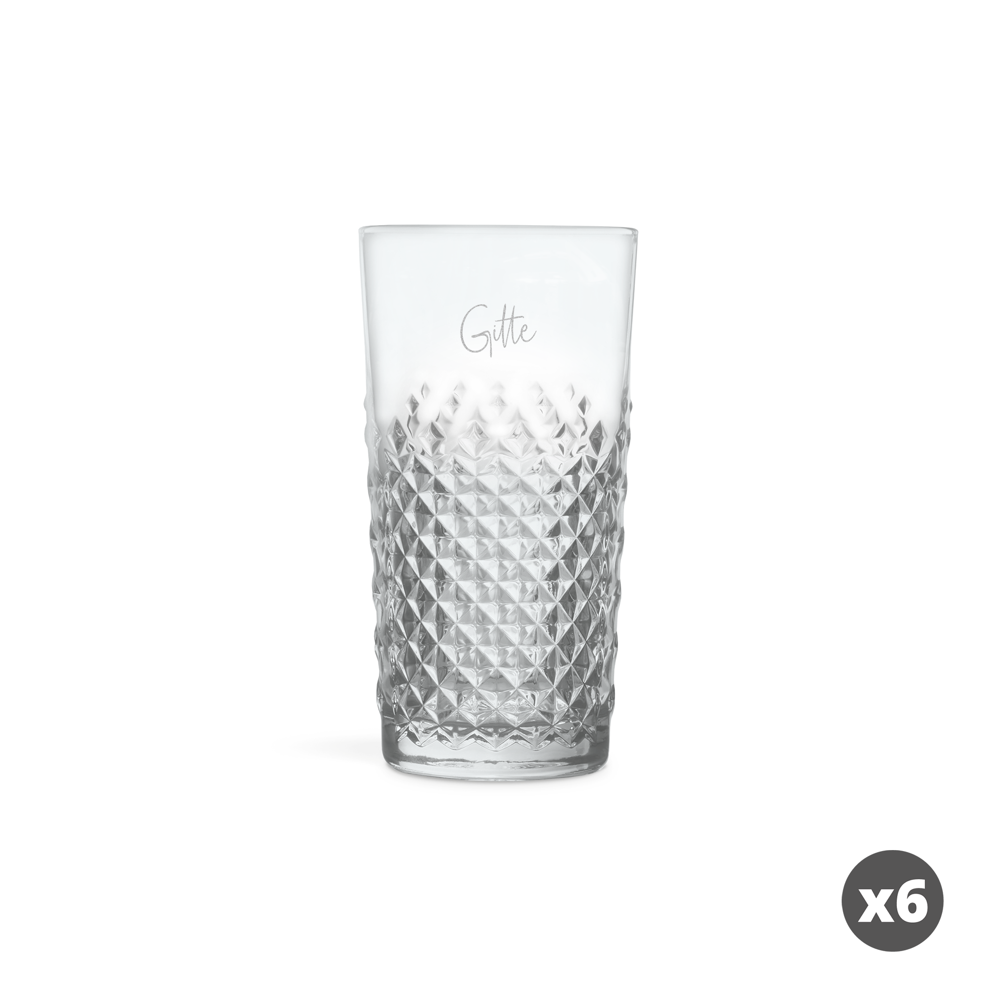 Seks indgraverede mojitoglas i krystaldesign med et personligt navn, der står Gitte